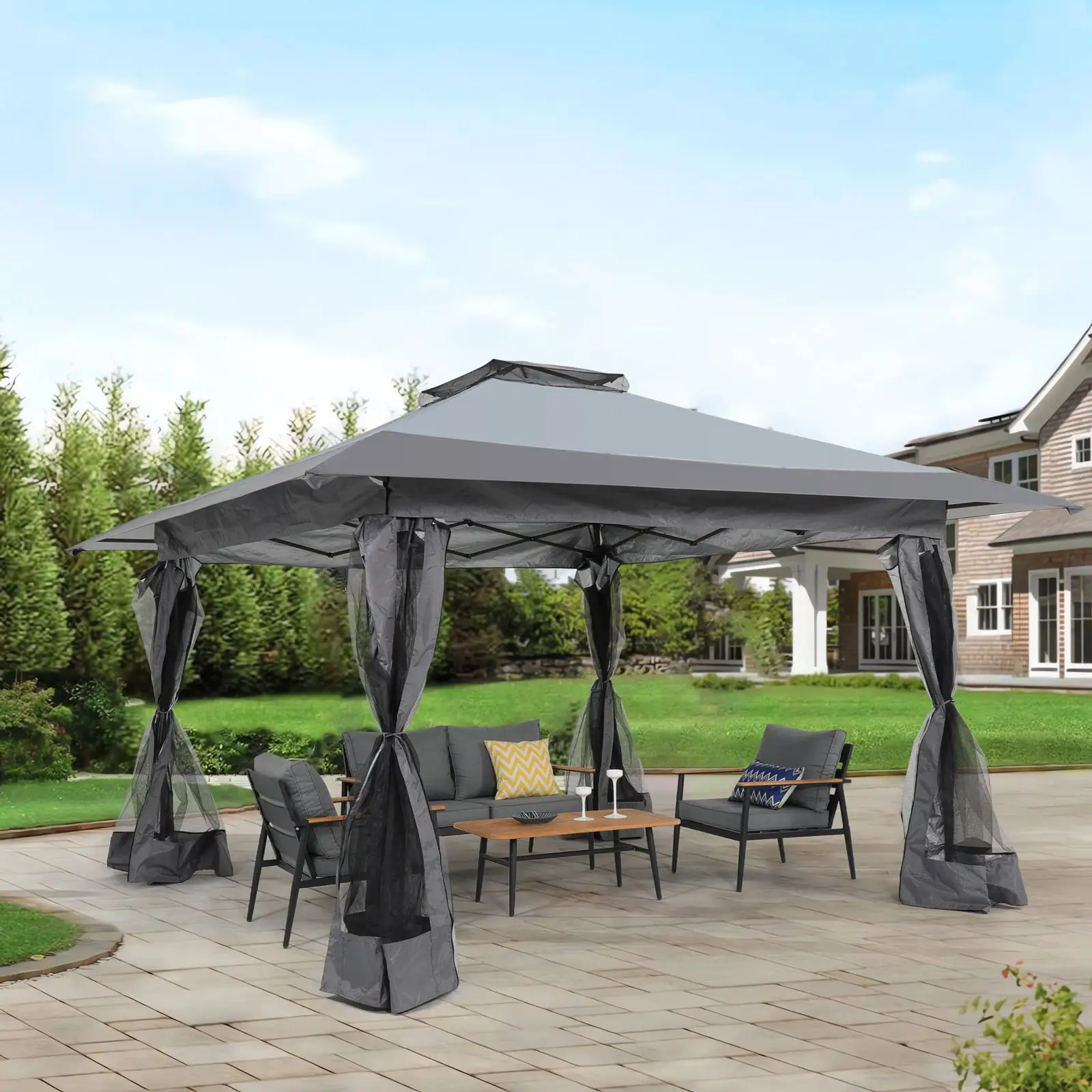 COBANA 13'x13' Pop Up Gazebo. Outdoor Canopy Tent Shade with Metal Frame Mosquito Netting. Gray