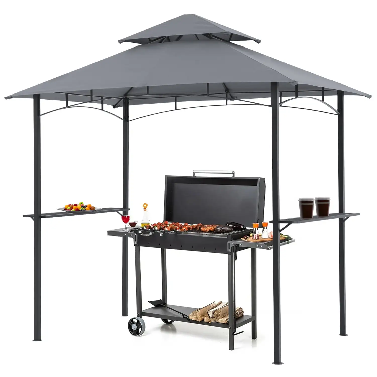 COBANA Grill Gazebo 8 x 5 Double Tiered Outdoor BBQ Grill Patio Canopy. Backyard Barbeque Tent with Extra Shelves. Gray