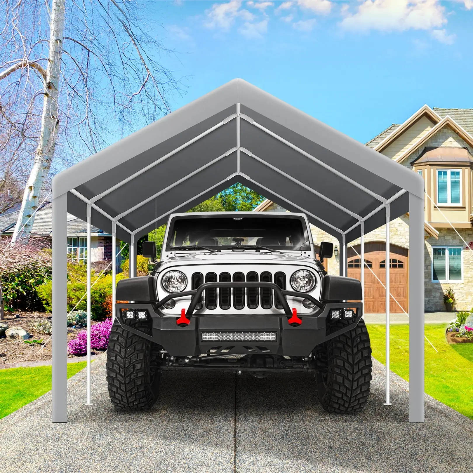 COBIZI 10' x 20' Heavy Duty Carport Canopy. Outdoor Metal Car Tent. Garage Car Shelter Shade. Large Carport with Powder-Coated Steel Frame for Outdoor Party. Birthday. Upgraded Gray