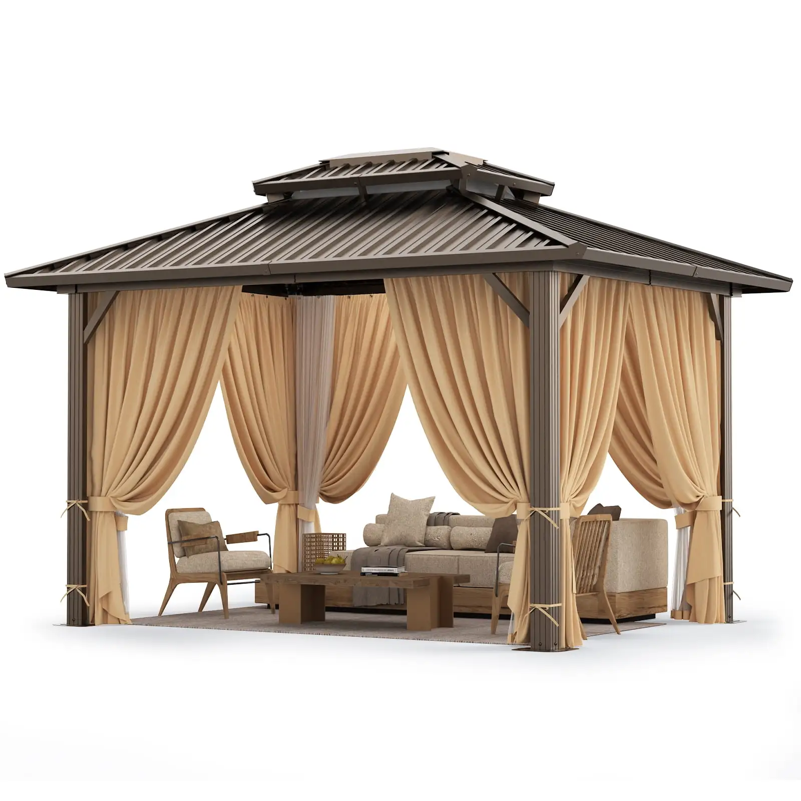 COBIZI 10x12 Hardtop Gazebo Aluminum Gazebos with Galvanized Steel Double Roof Metal Gazebo with Curtains and Netting Permanent Hardtop Gazebos Steel Gazebo for Backyard. Garden and Patio. Brown