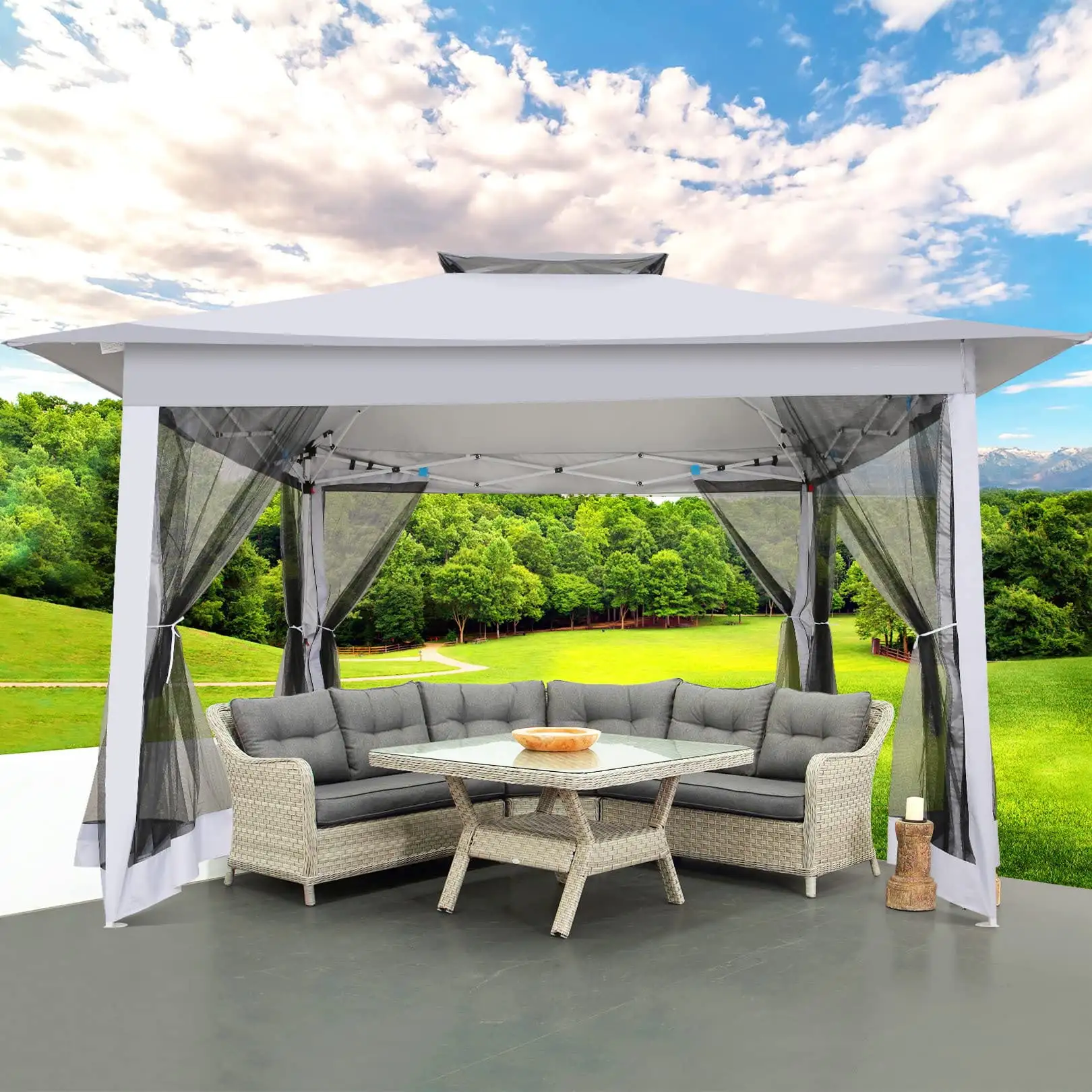 COBIZI 12x12 Outdoor Gazebo Pop Up Gazebo Canopy with Mosquito Netting Patio Tent Backyard Canopy with 2-Tiered Vented Top 3 Adjustable Height. Gray