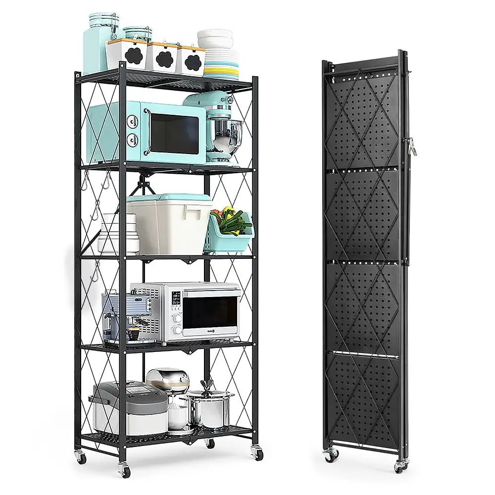 COOKCOK 5-Tier Storage Shelving Unit. Metal Shelf 27.9x13.4x62.5. Foldable Storage Shelf with Wheels. Garage Shelf. Metal Storage Rack. Kitchen Shelf with 4 Hooks. No Assemble Require