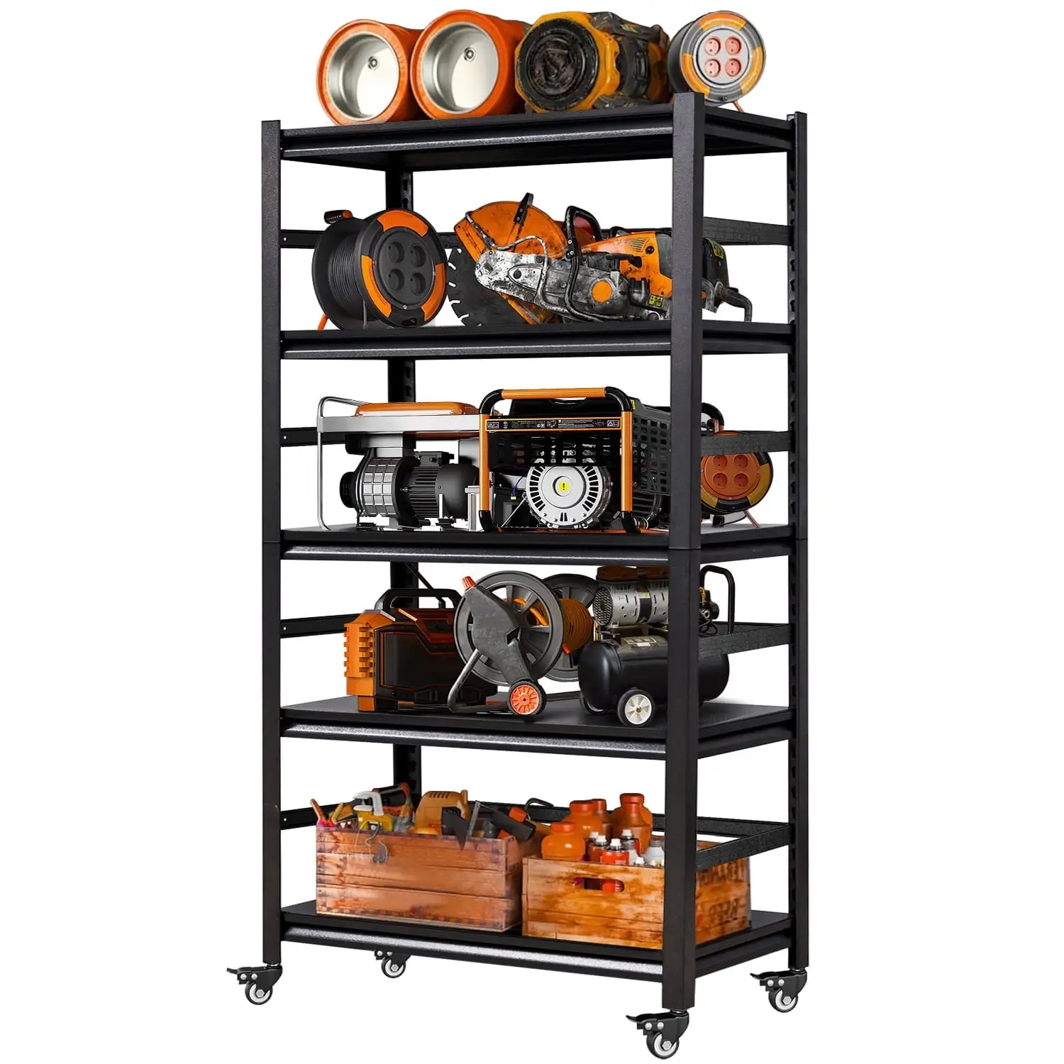 COOKCOK 5-Tier Storage Shelving Unit. Metal Shelf with Wheels. 39.4x15.8x 63. Adjustable Garage Storage Shelf. Load Up to 2000LBS. Kitchen Shelf with Protective Side