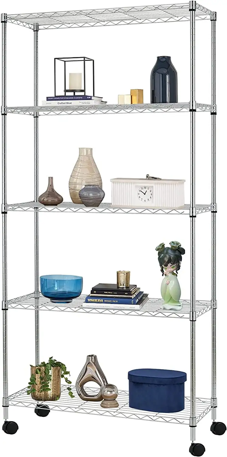 COOKCOK 5-Tier Wire Shelving with Wheels. 35.4x 13.8x 65 Heavy Duty Shelf. Height Adjustable Rolling Metal Shelves for Storage. 750lbs Capacity. Silver