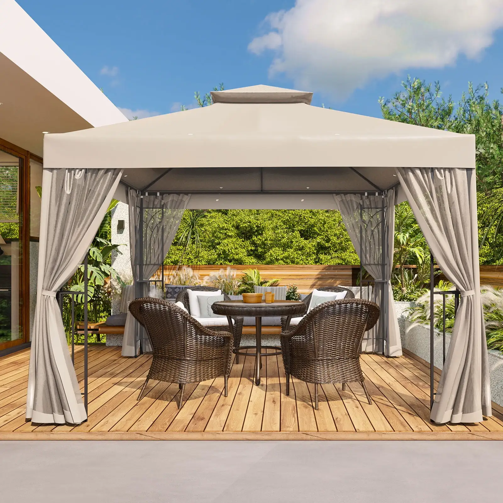 COOS BAY 10x10 Outdoor Patio Gazebo with Mosquito Netting and Corner Shelves. Two-Tier Soft Top Canopy for Backyard. Lawn. Deck and Garden. Beige