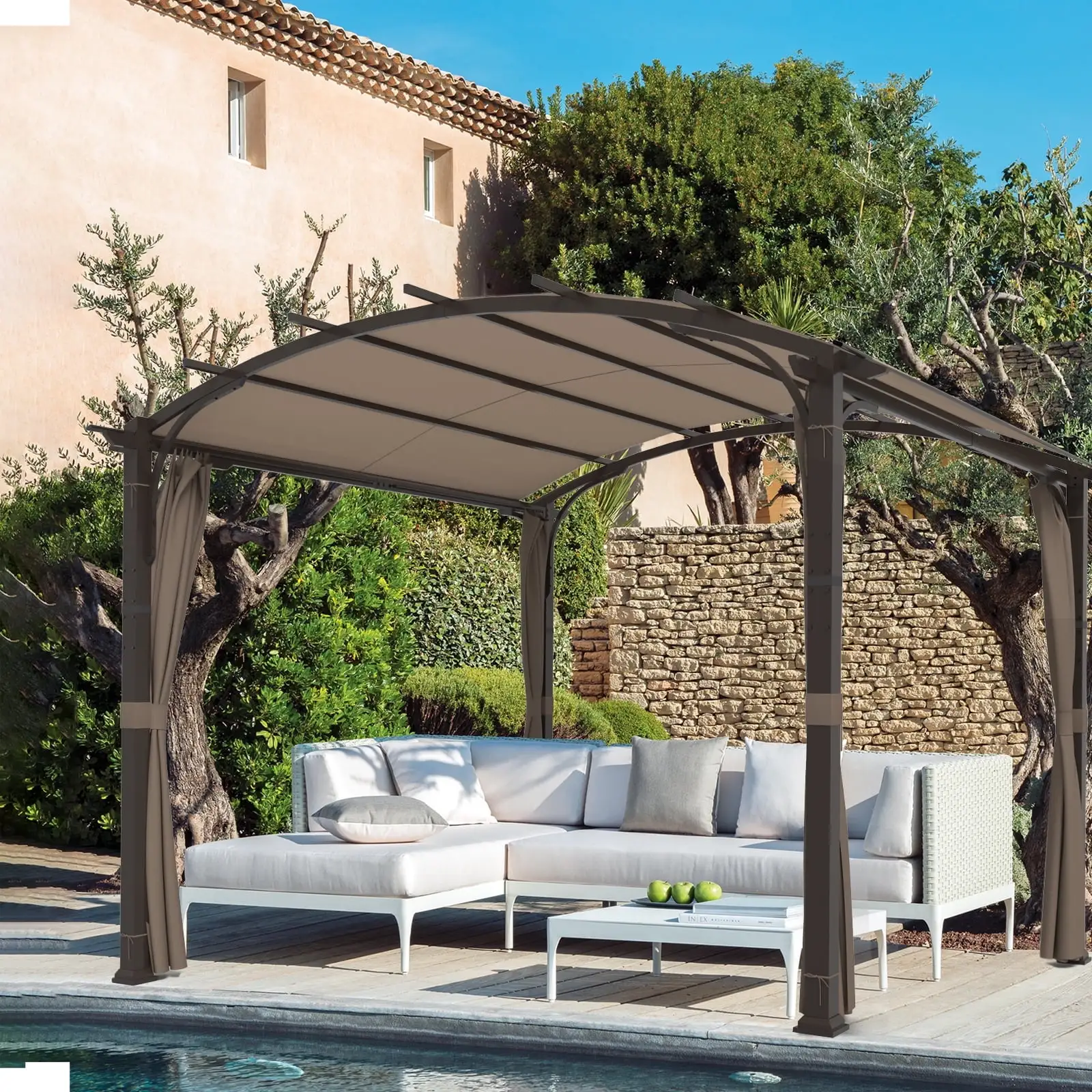 COOS BAY 11 x 11 Outdoor Steel Arched Pergola with Shade Canopy and Sidewall.Brown