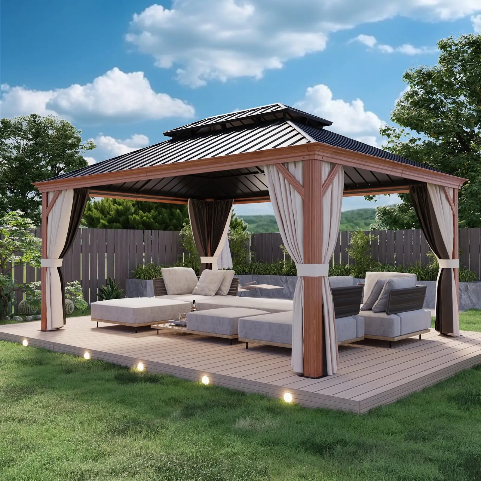 COOS BAY 12x16 Outdoor Hardtop Gazebo. Wood Grain Aluminum Frame. Double Galvanized Steel Roof Permanant Metal Pavilion with Nettings and Curtains for Patio. Deck and Backyard