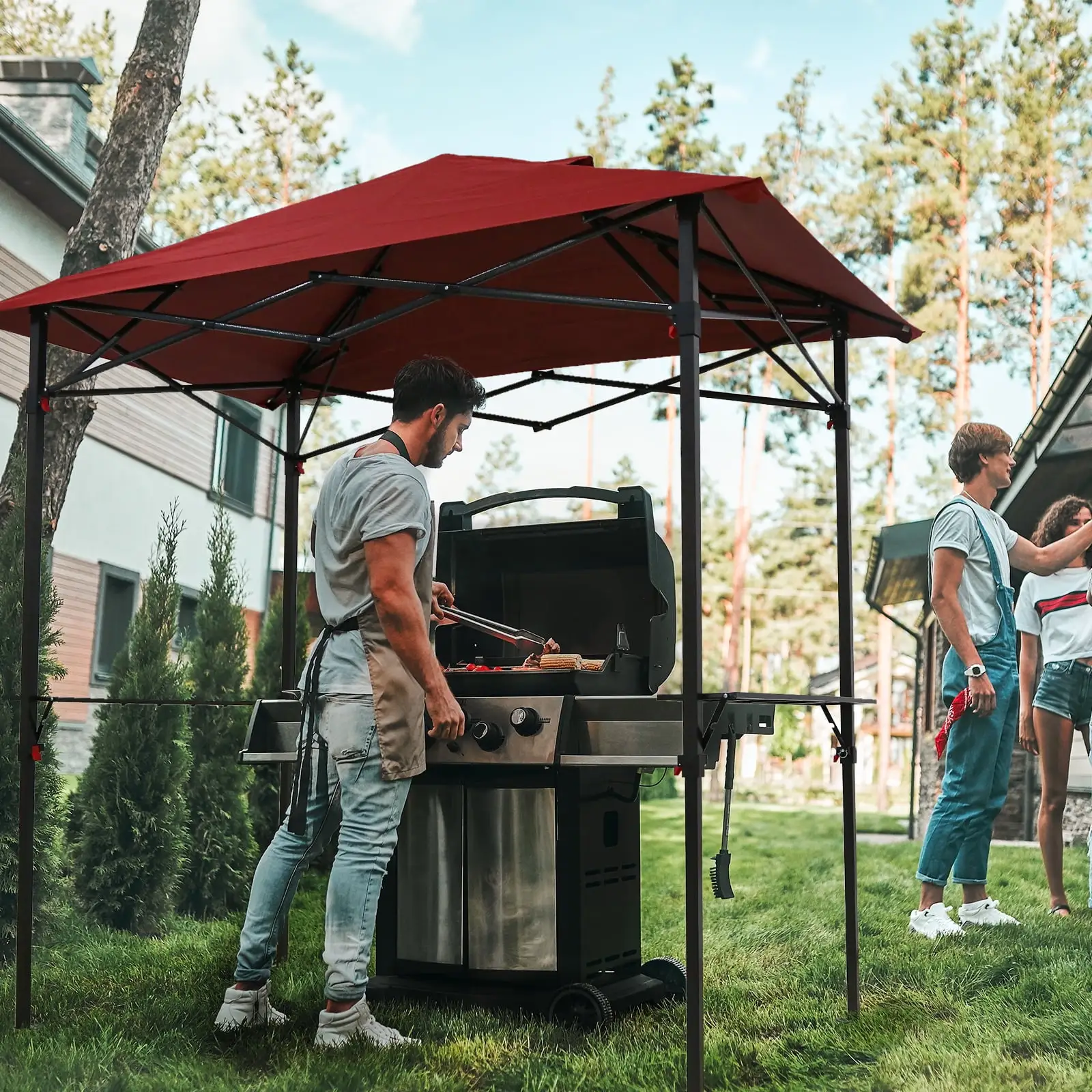 COOS BAY 8'x5' Pop up Grill Gazebo Portable BBQ Gazebo Canopy Tent with Roller Bag. Outdoor Barbeque Shelter. Red