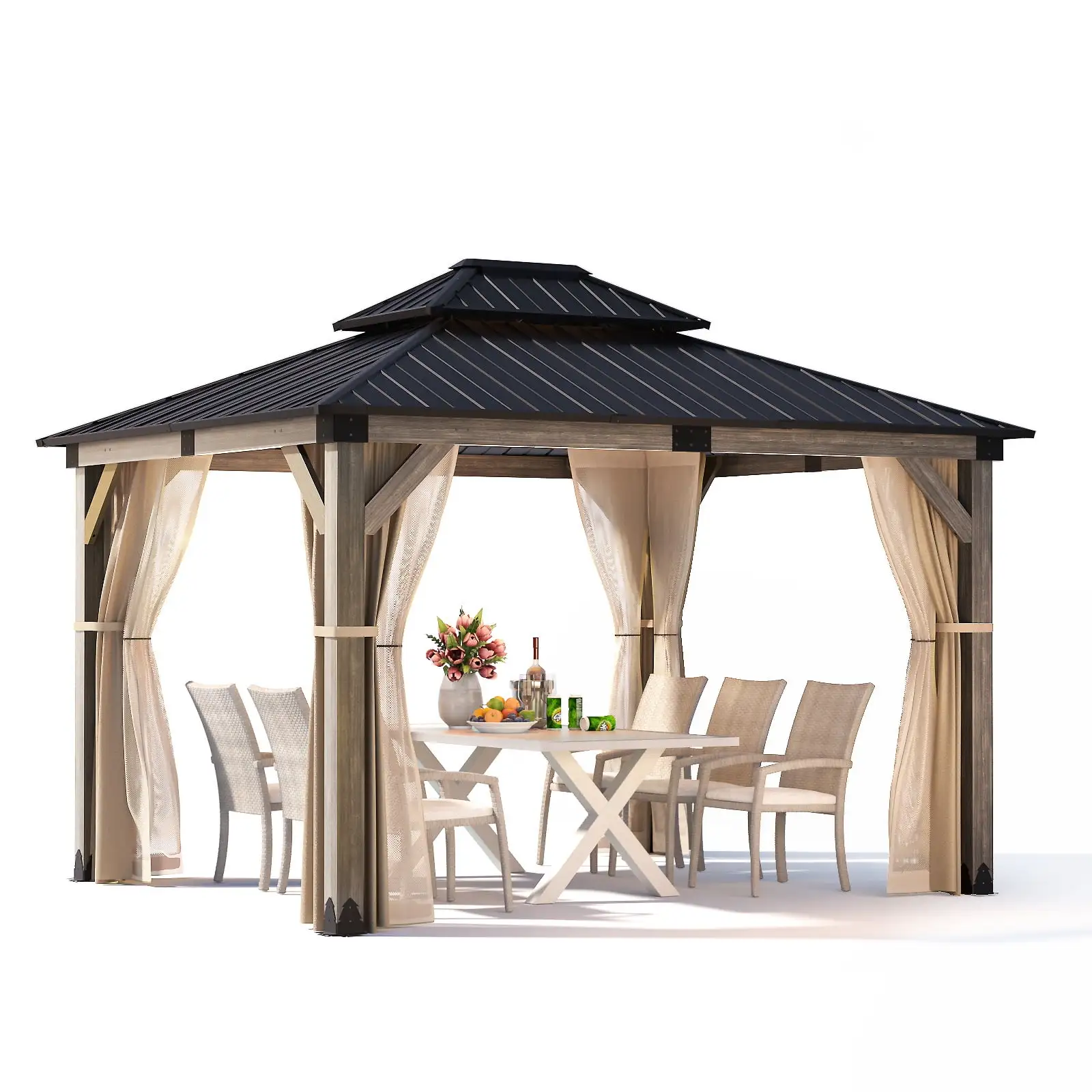 COSIEST 10x12Ft Cedar Wood Gazebo. Outdoor Hardtop Gazebo with 2-Tier Galvanized Steel Roof. Netting & Curtains. Wooden Gazebo Pavilion for Patio Backyard Deck Lawn