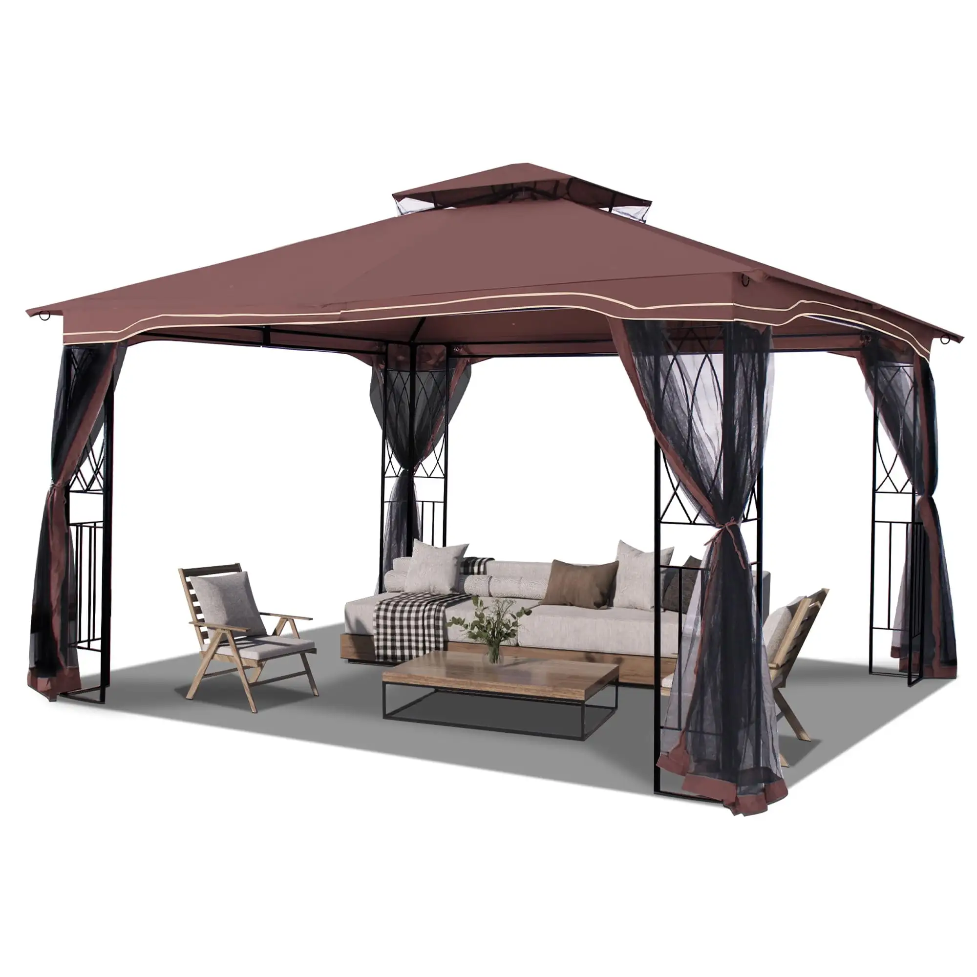 COVERONICS 10' x 12' Patio Gazebo Outdoor. Double Roof Outdoor Gazebo with Netting. Metal Frame Gazebo Waterptoof for Deck Backyard Lawn.Garden(Brown)