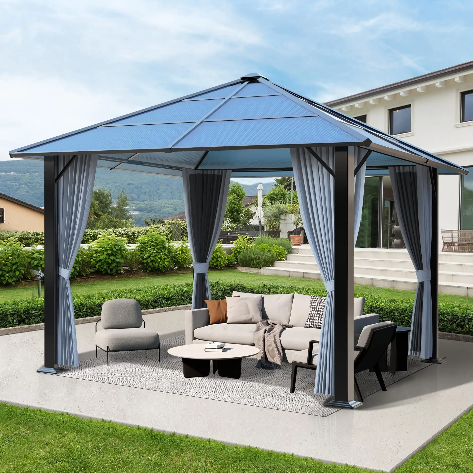 COVERONICS 10'x10' Patio Hardtop Gazebo with Polycarbonate Roof. Waterproof Outdoor Canopy Gazebo. Steel Frame Permanent Pavilion with Netting and Curtains. Perfect for Backyard. Patio. Lawn. Garden