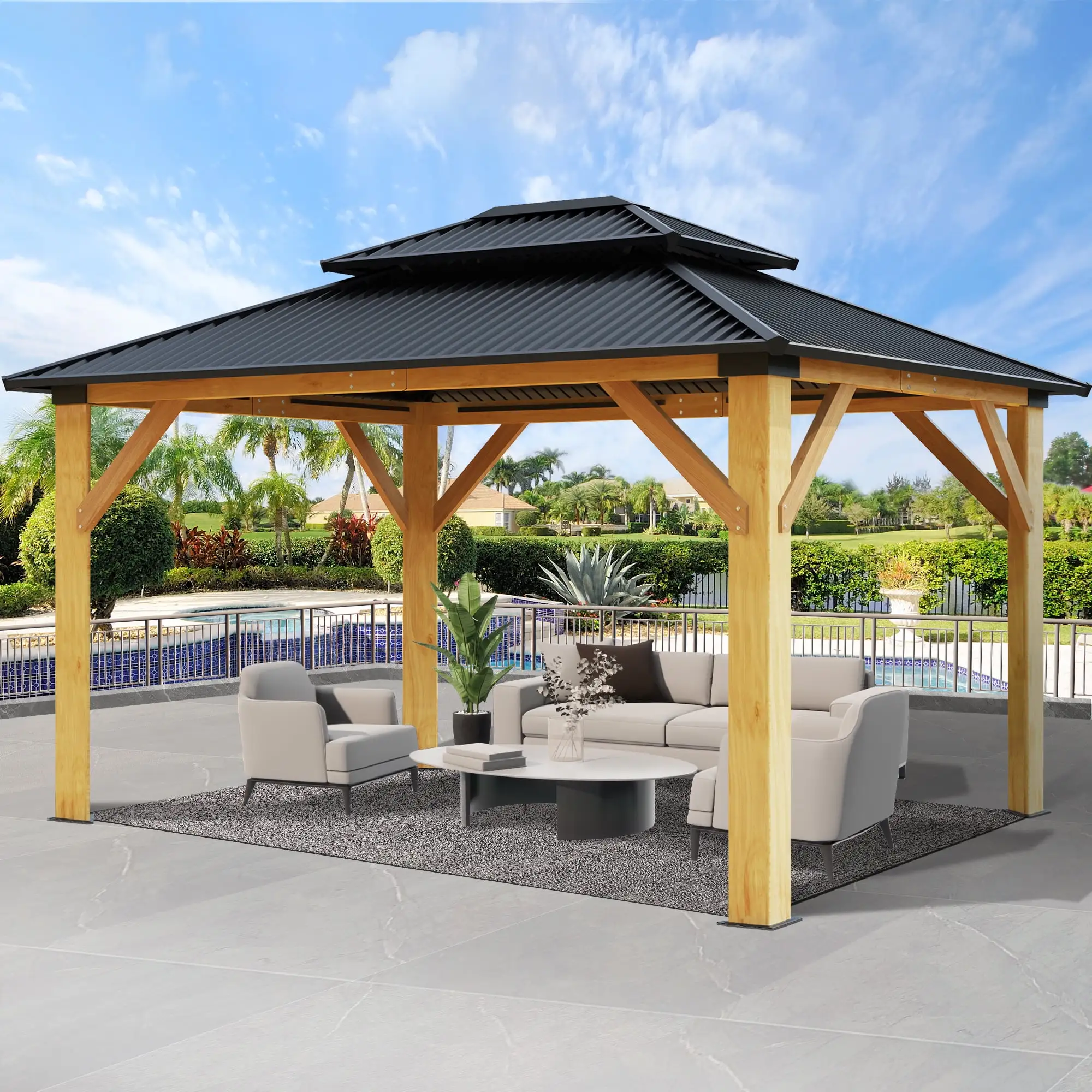 COVERONICS 11' x 13' Wood Gazebo. Hardtop Gazebo with Double Roof Hardtop Galvanized Steel Top. Outdoor Wooden Gazebo for Garden. Patio. Deck. Backyard