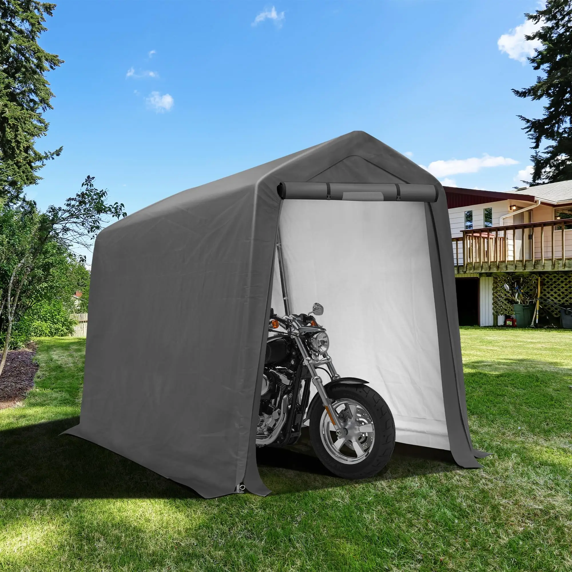 COVERONICS 6' x 7' Storage Shelter - Outdoor Portable Shed with Roll-up Ventilated Windows. Heavy Duty Zipper Storage shed for Bike. ATV. Motorcycle Shelter. Gray