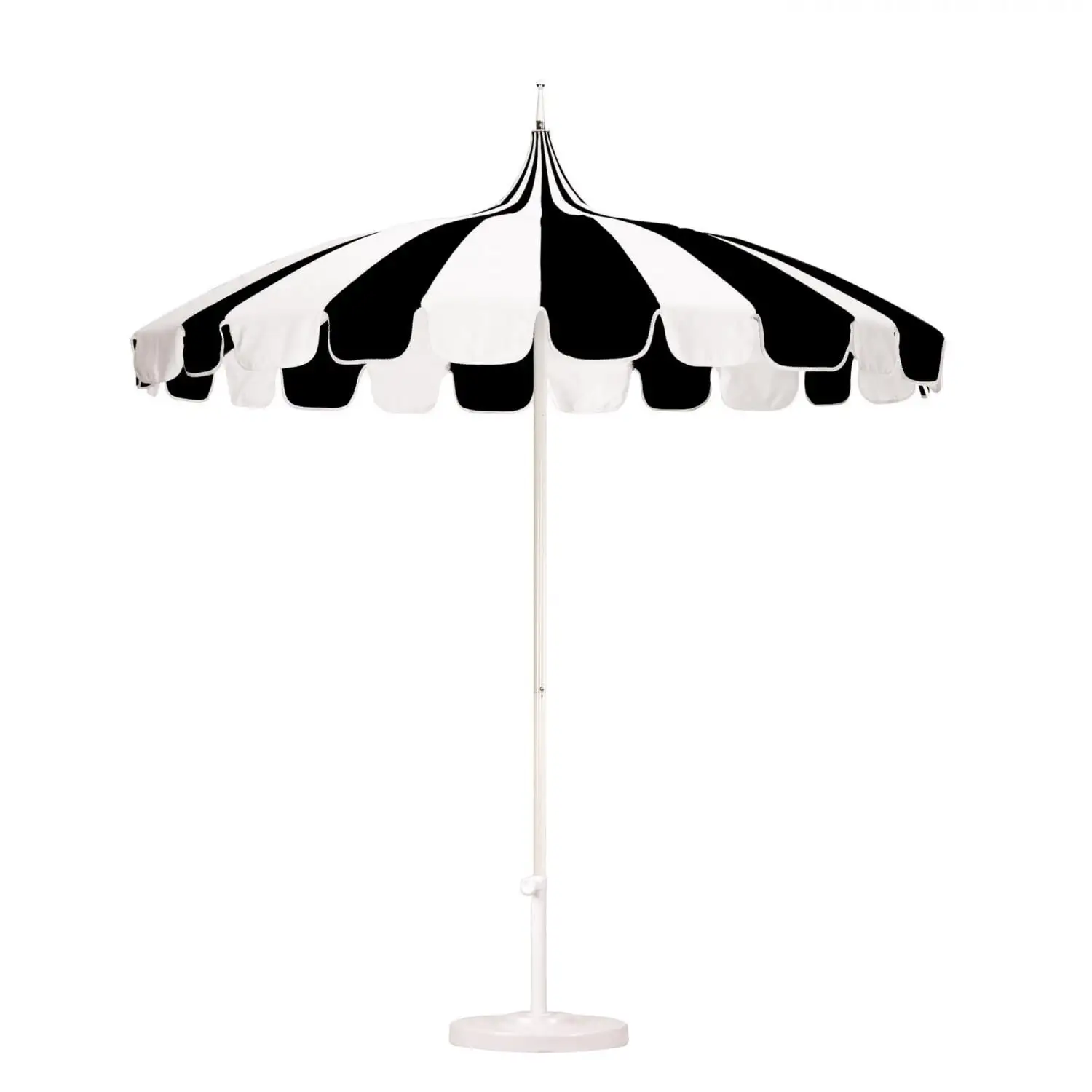 California Umbrella Pagoda Series 8.5 Ft Round Aluminum Pagoda Patio Umbrella W/ Push Lift & Steel Wire Ribs - White Frame / Sunbrella Black Stripe Canopy