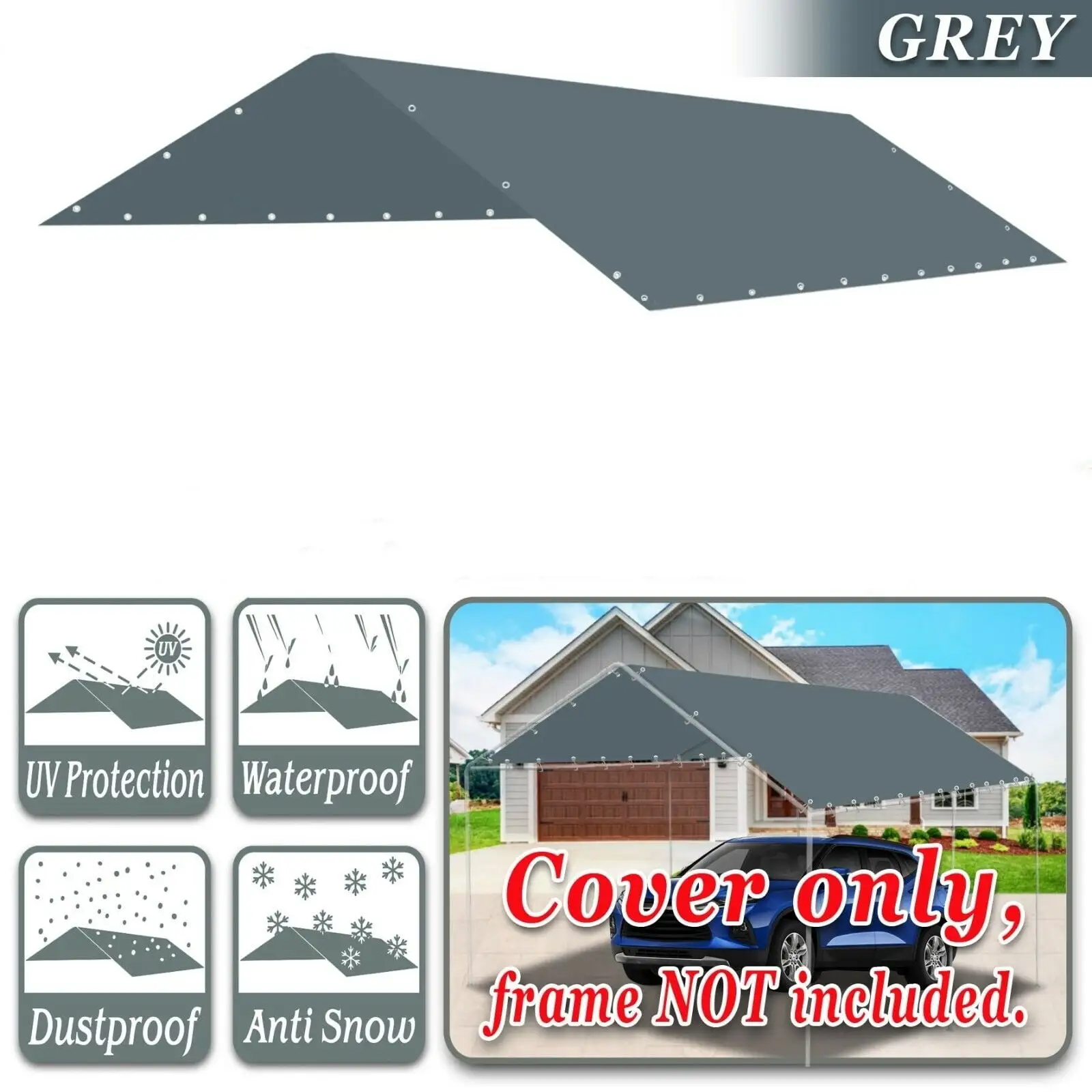 Carport Replacement Canopy Cover. 10 x 20 ft PE Fabric Garage Top Shelter Cover. UV Resistant Waterproof Car Cover Tent(Frame is not Included)