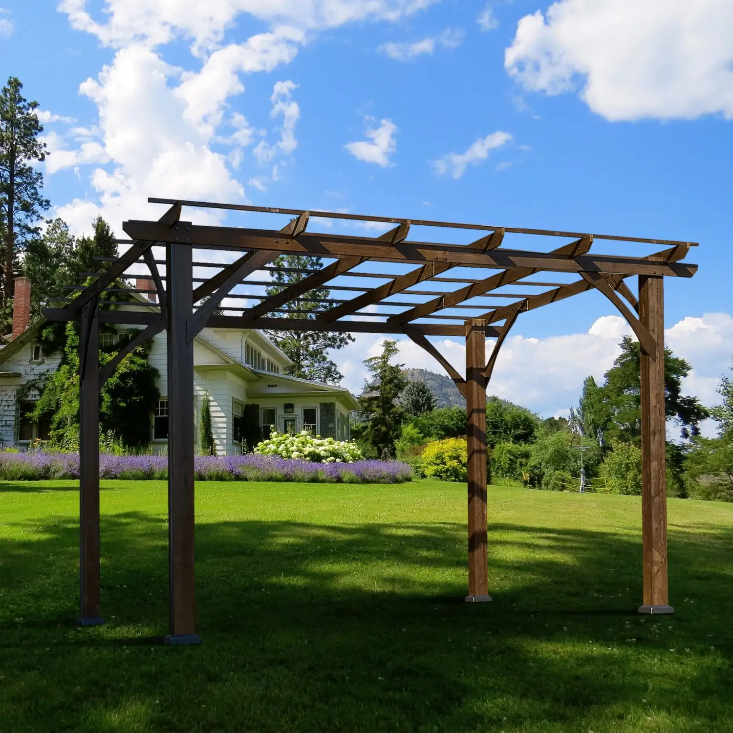 Cedar Wood Pergola Wind Secure Strong Quality Made Rot Resistant Concrete Anchors Spacious for Outdoor Patio Deck