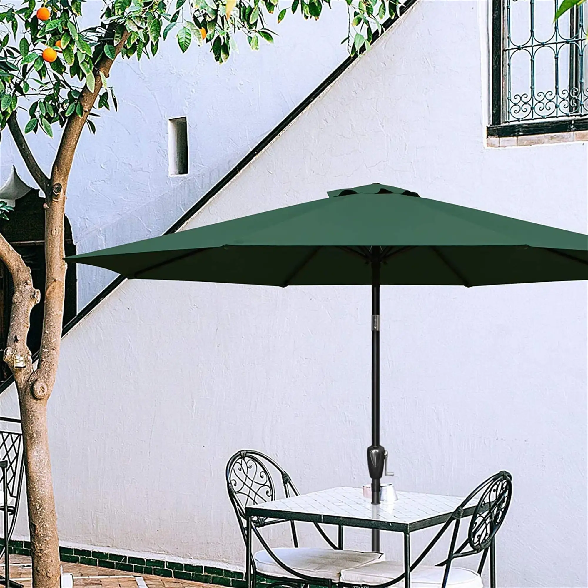 Cfowner 9 FT Patio Umbrella. Market Umbrella with Button Tilt. Crank and 8 Sturdy Ribs. Garden Umbrella for Outdoor/Indoor. Green