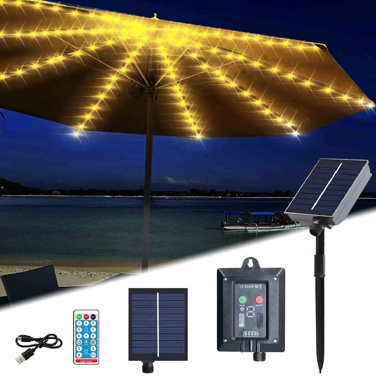 CheAAlet Outdoor Solar Umbrella Light - 8 Modes. USB Charging. Remote Control - Perfect For Beach. Garden. Patio Sunshade Umbrellas