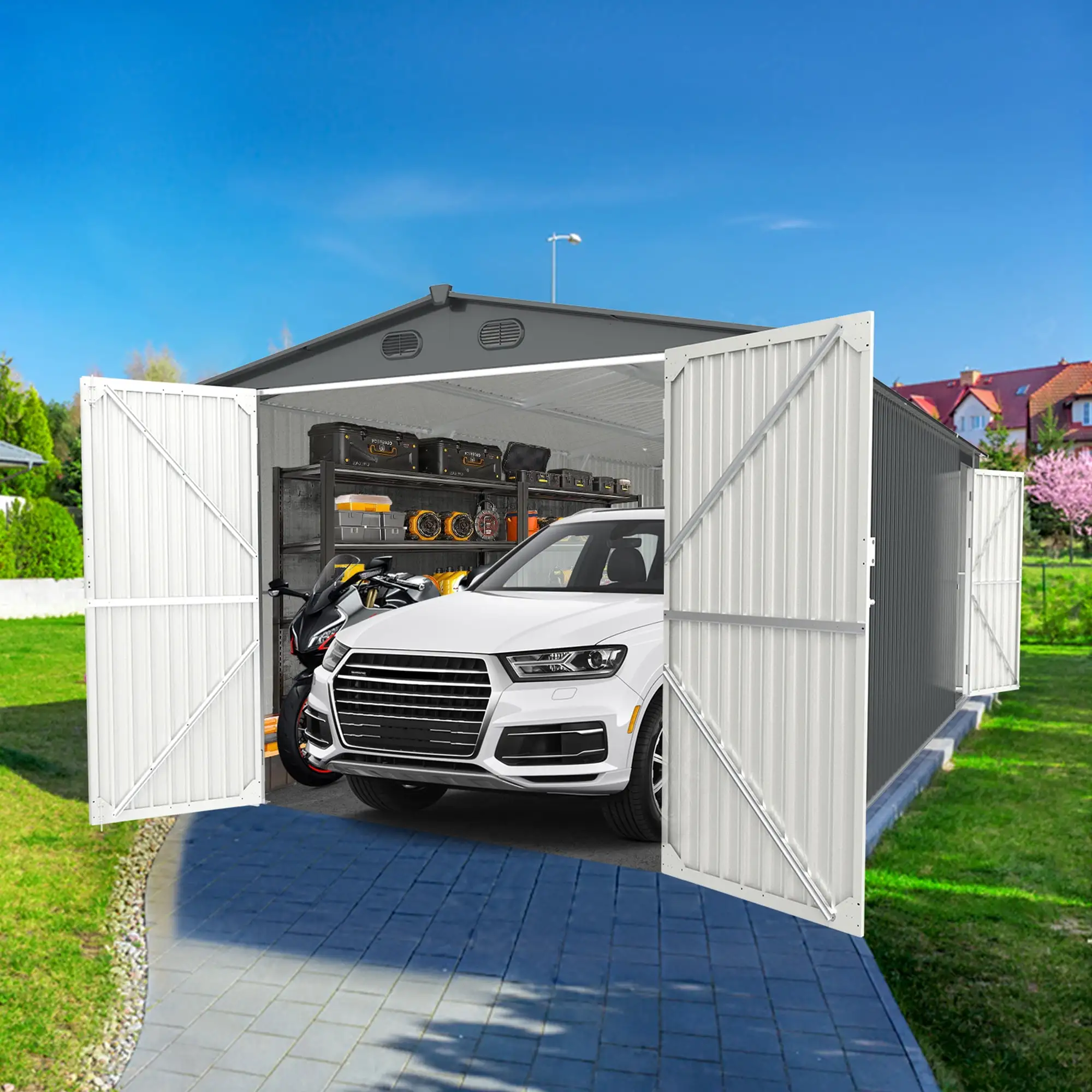 Chery Industrial Car Garage 20x13 ft. Metal Garden Shed Backyard Utility Tool House Building with 2 Doors and 4 Vents for Car