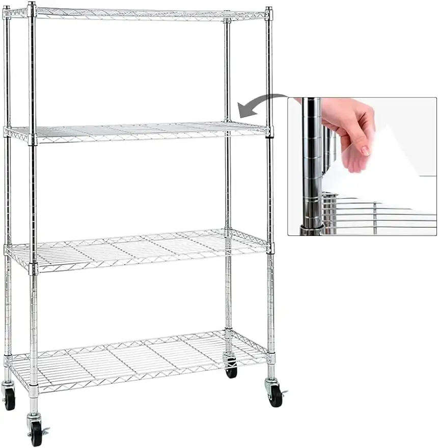 Chrome 4-Shelf Shelving Units and Storage on 3'' Wheels with 4-Shelf Liners. Adjustable Heavy Duty Steel Wire Shelving Unit for Garage. Kitchen. Office 36W x 14D x 57.7H Pole Diameter 1 Inch