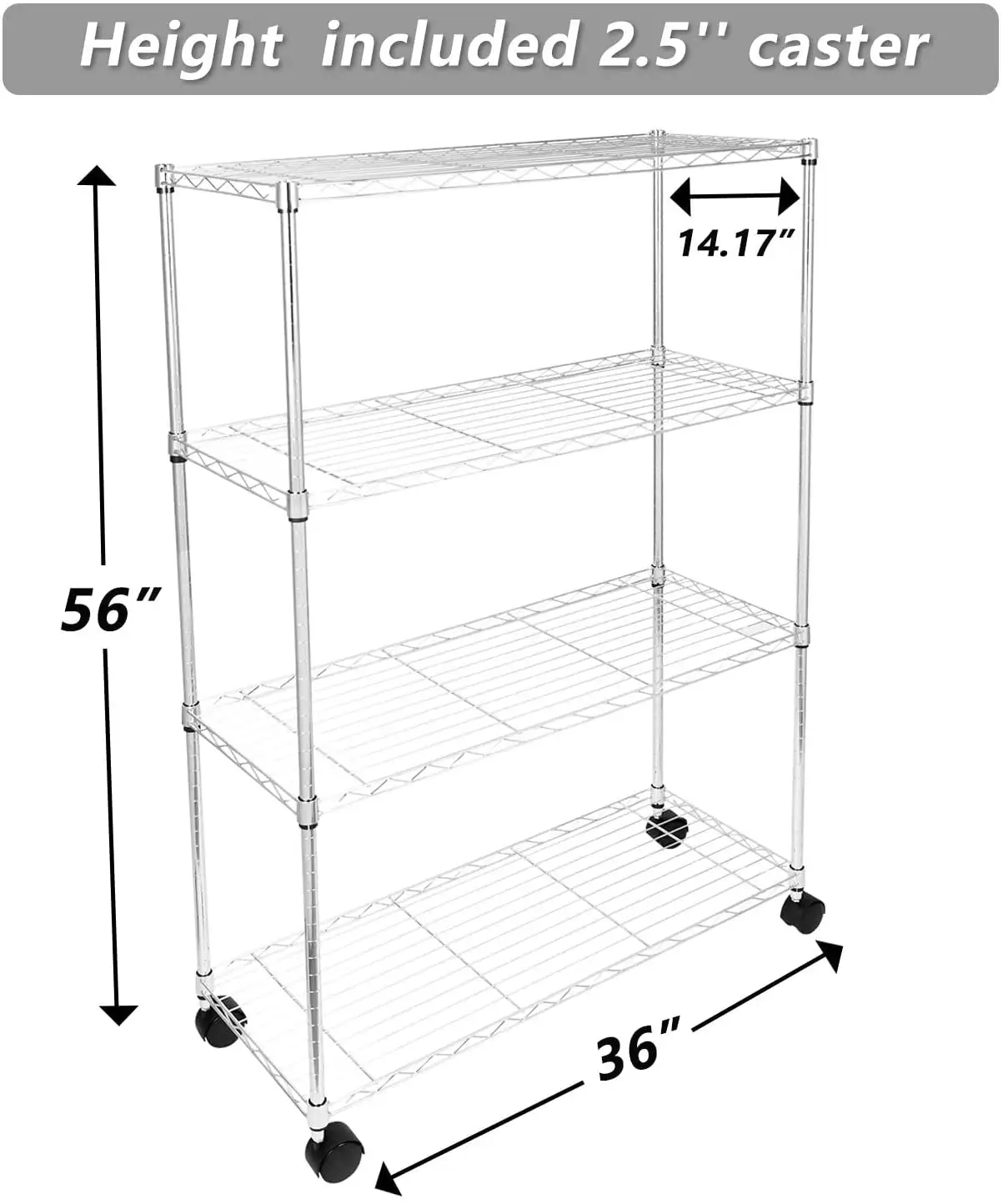 Clearance! Simple Deluxe Heavy Duty 4-Shelf Shelving Unit with Wheel and Adjustable Feet. 36''(L) x14''(W) x54''(H). Chrome