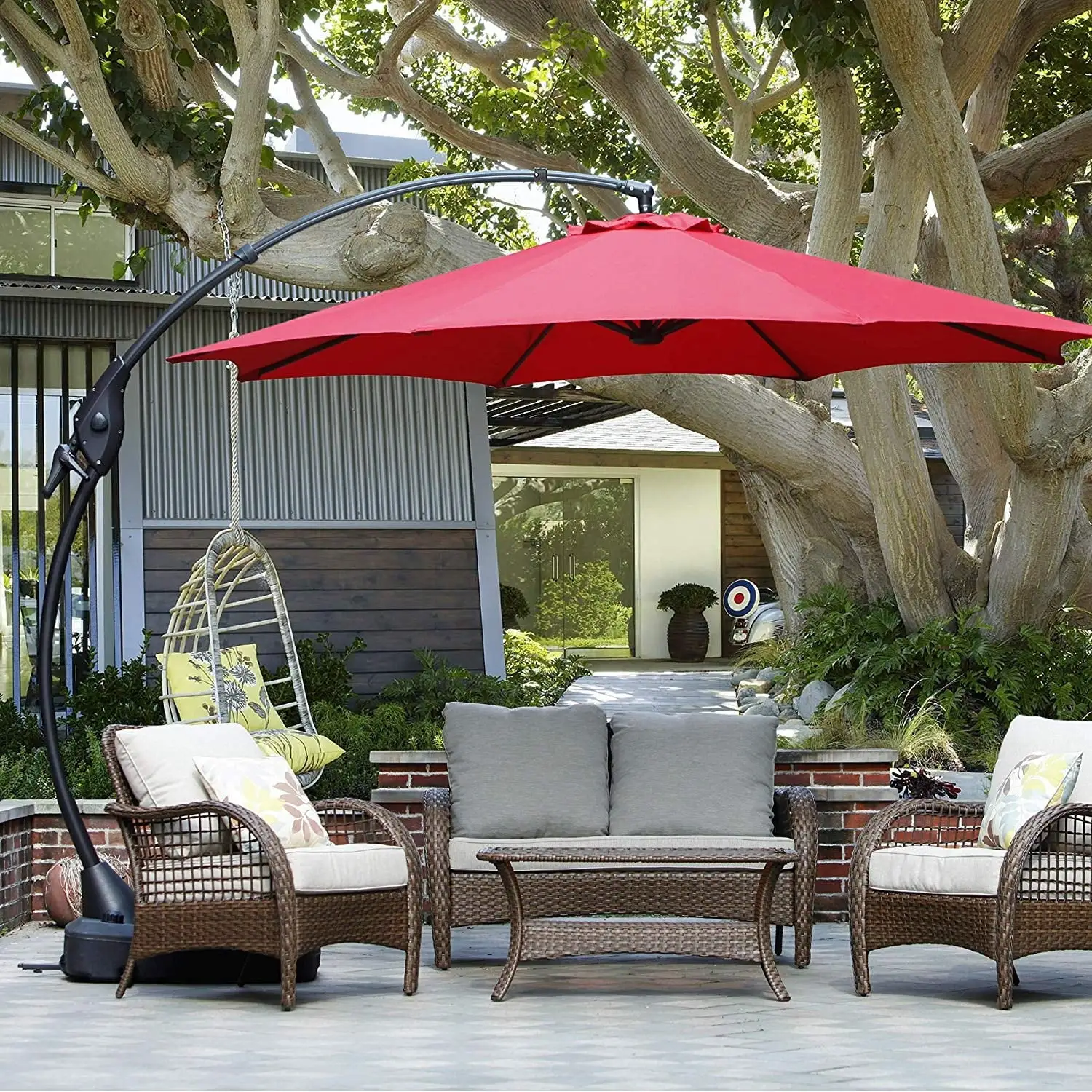 Clihome 12 ft. Aluminum Round Curved Cantilever Patio Umbrella with Base 12ft Red 12ft