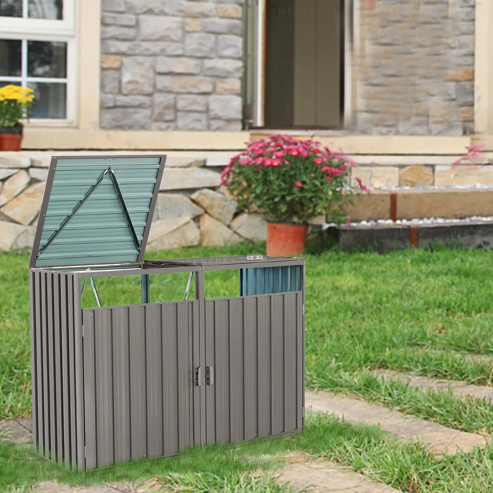 CoSoTower Garbage Bin Shed Stores 2 Trash Cans Metal Outdoor Bin Shed for Garbage Storage.Stainless Galvanized Steel. Bin Shed for Garden Yard Lawn.Grey