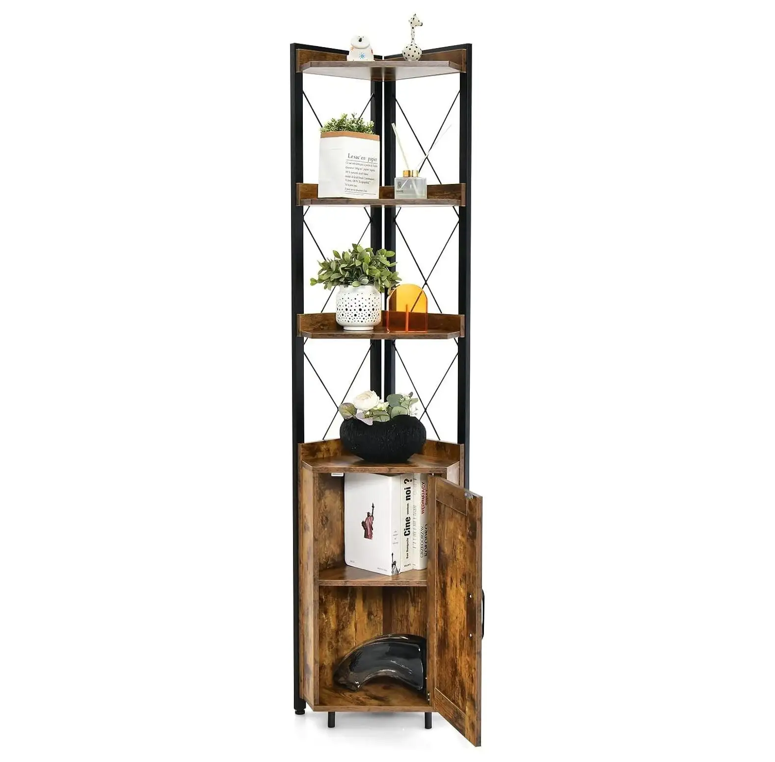 CodYinFI 71 Inches Tall Corner Shelf. 4-Tier Rustic Corner Bookshelf with Storage Cabinet. Industrial Corner Shelf Stand with Adjustable Shelf for Living Room. Kitchen. Small Space