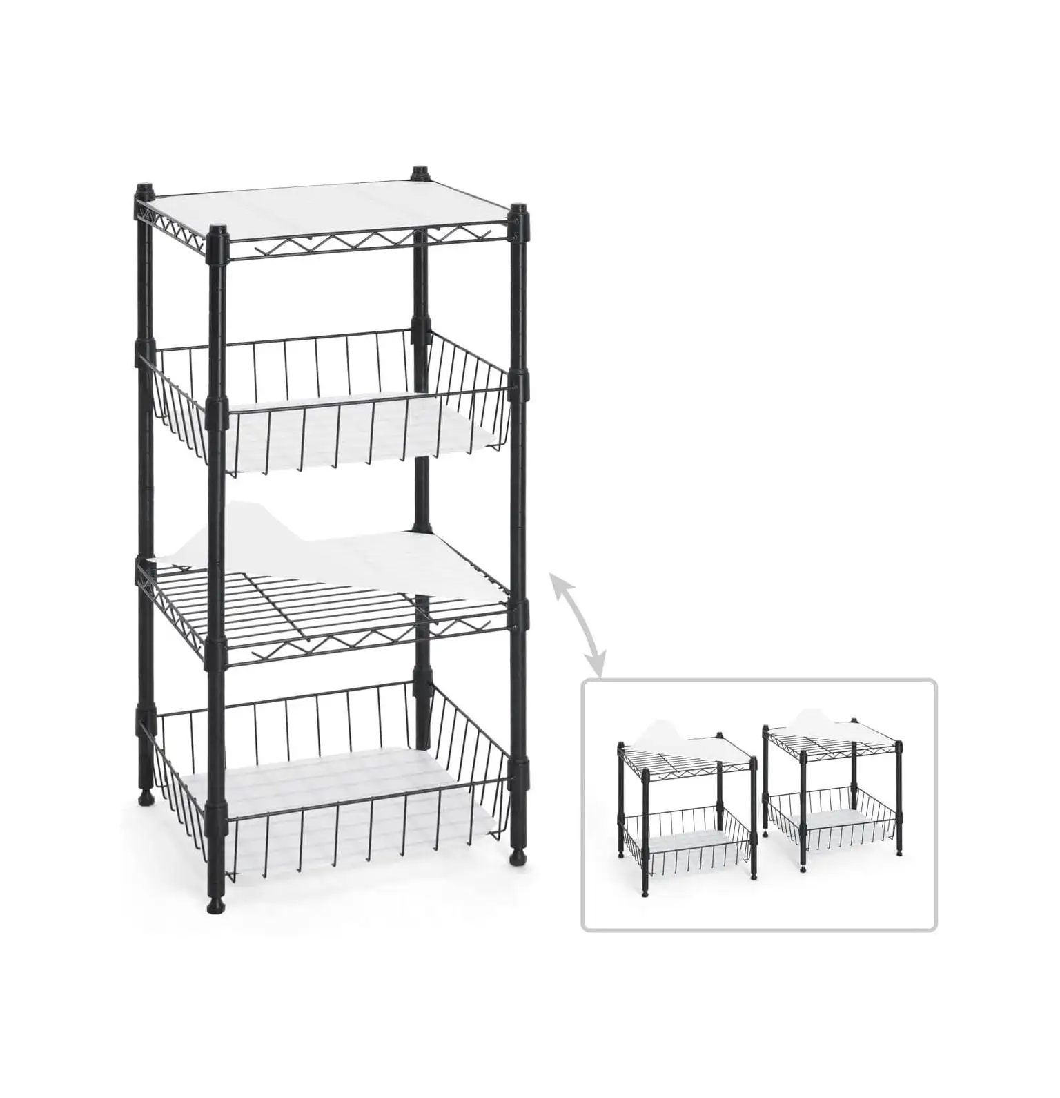 CodYinFI NSF 2 to 4 Tier Stackable Wire Shelving Unit w/Baskets & Liner. Storage Rack Kitchen. Bathroom. Laundry Closet. Wire Shelving Basket Shelves. Storage Rack Corner Shelves. Black