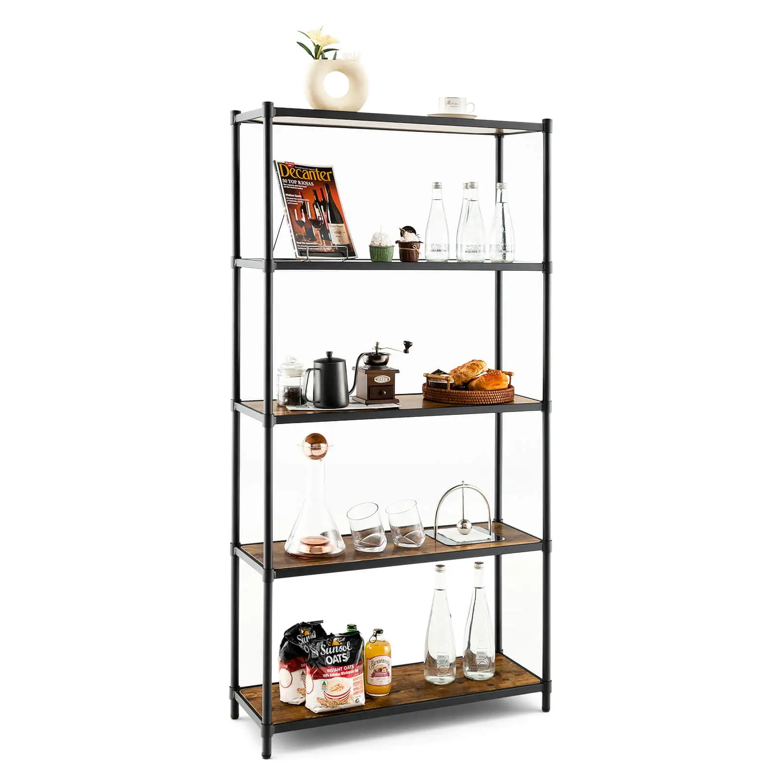 Coelon 5-Tier Tall Bookshelf. Freestanding Utility Storage Rack Rustic Brown