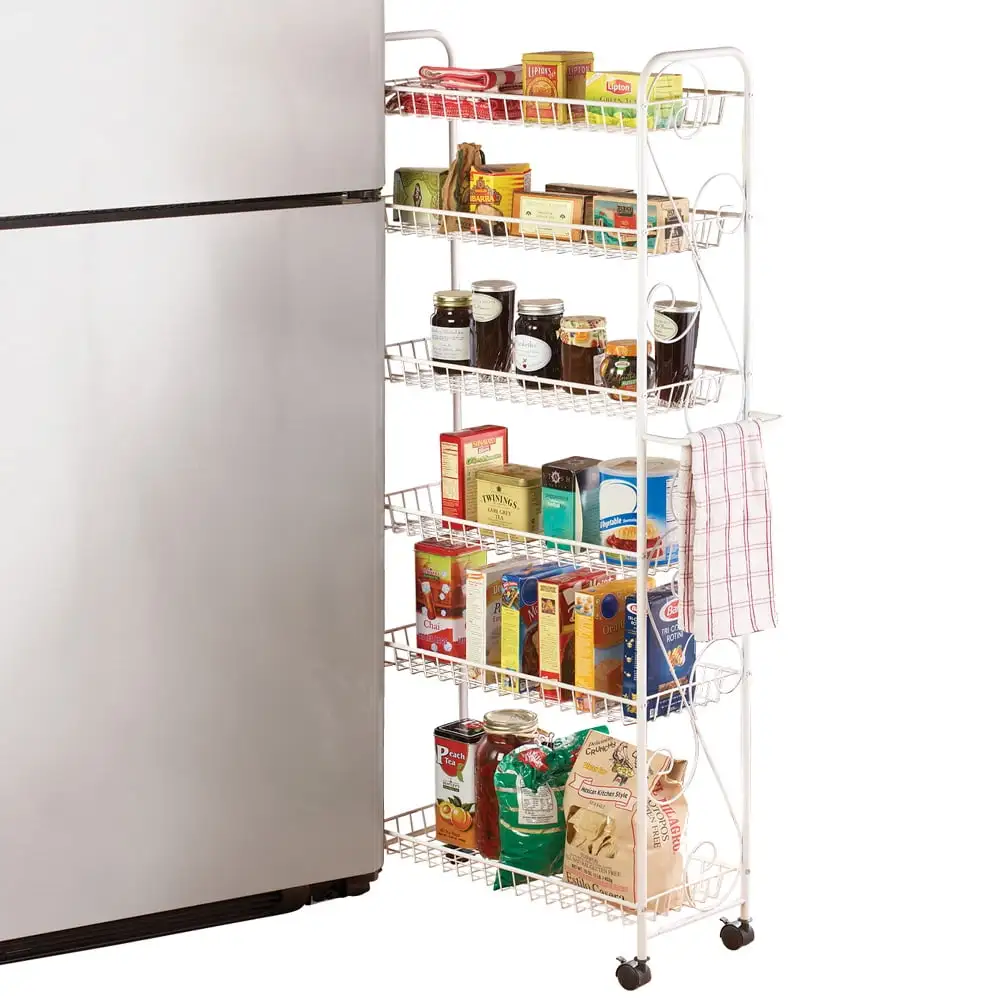 Collections Etc Slim Rolling Pantry 6-Tier Shelf. White Metal with Elegant Scroll Design Accent - Extra Kitchen and Bathroom Storage. 10