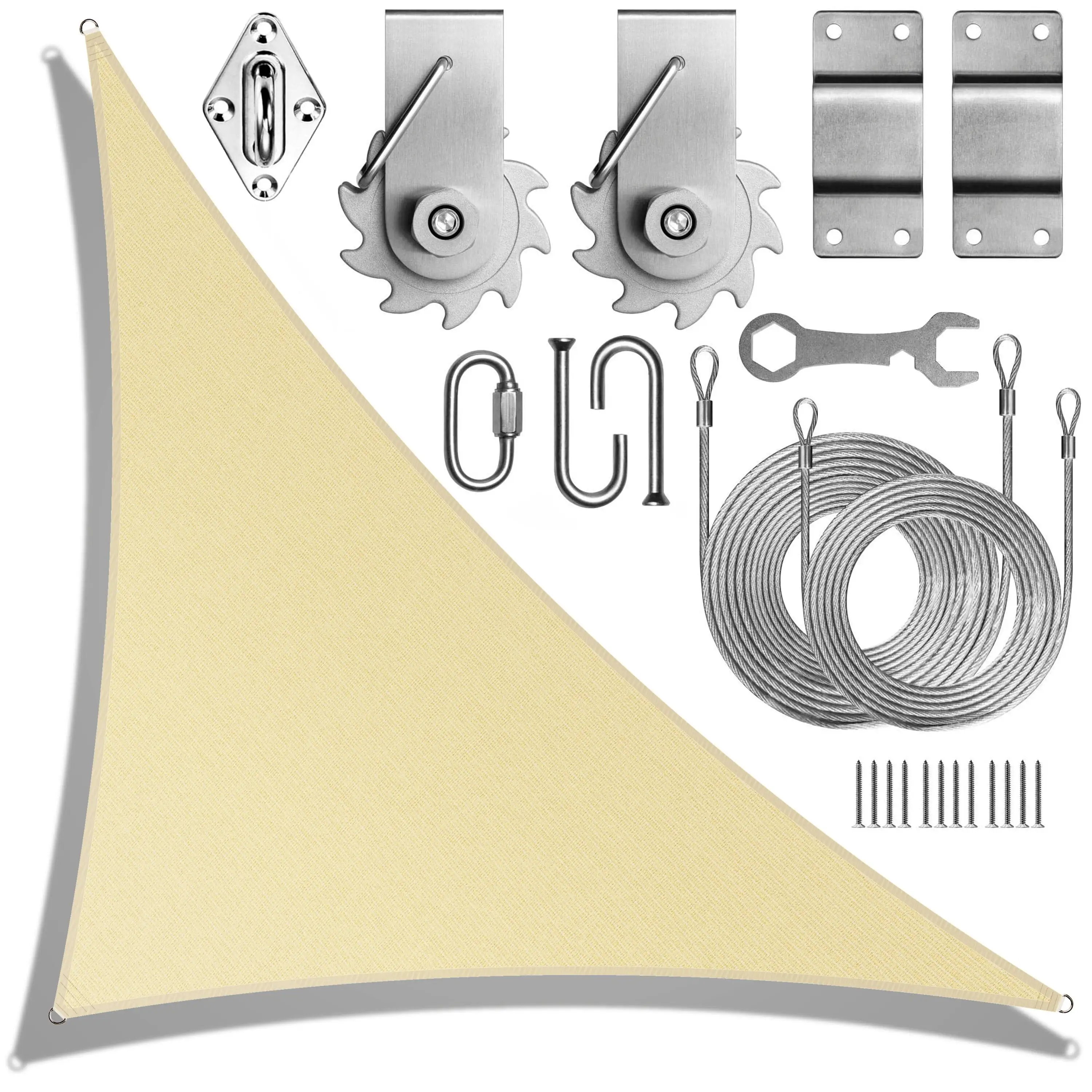 ColourTreeUSA Right Triangle Sun Shade Sail HDPE with Winch Hardware Installation Kit 12' x 12' x 17' - Beige