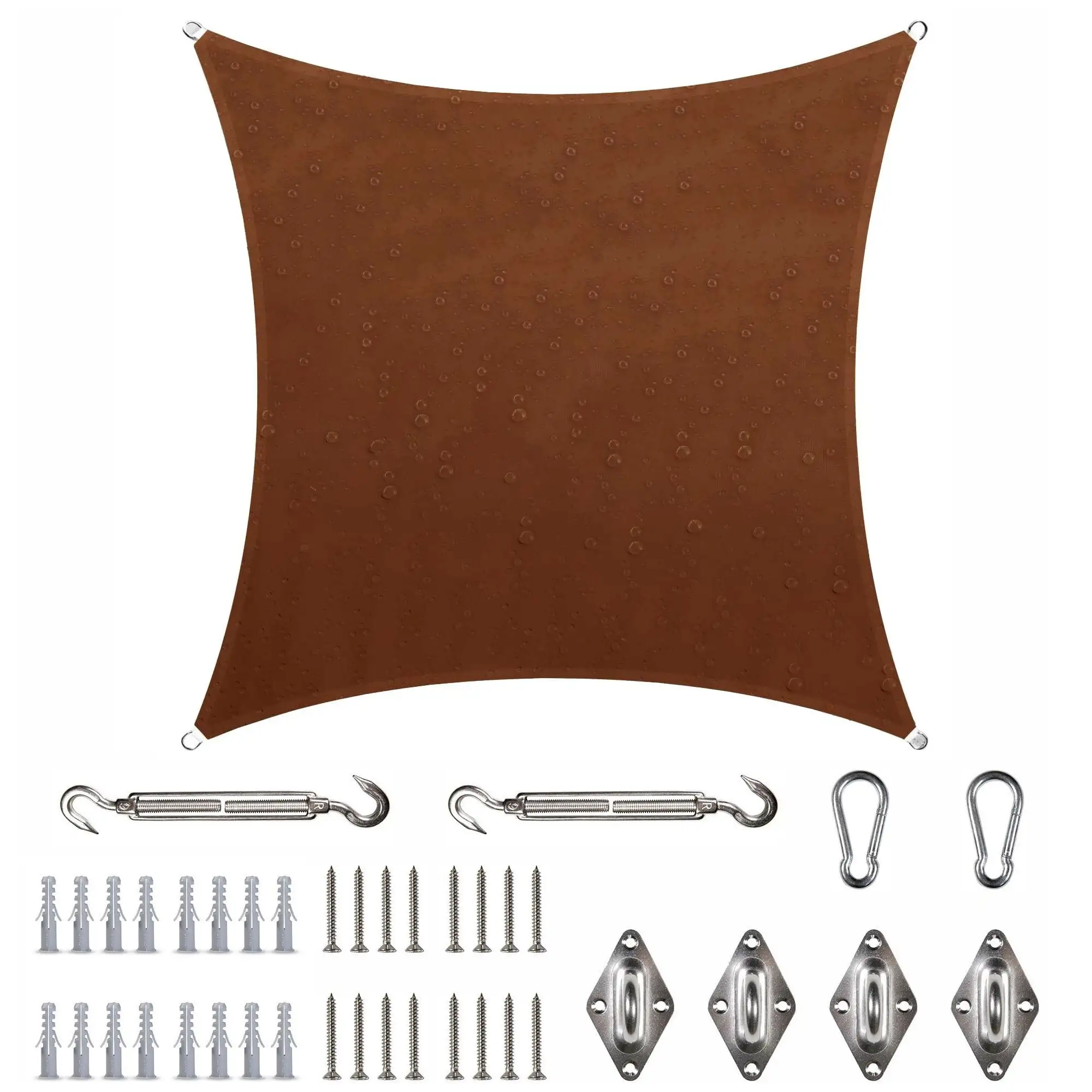 ColourTreeUSA Square Waterproof Sun Shade Sail HDPE 220 GSM w/Hardware Installation Kit 9' x 9' - Brown