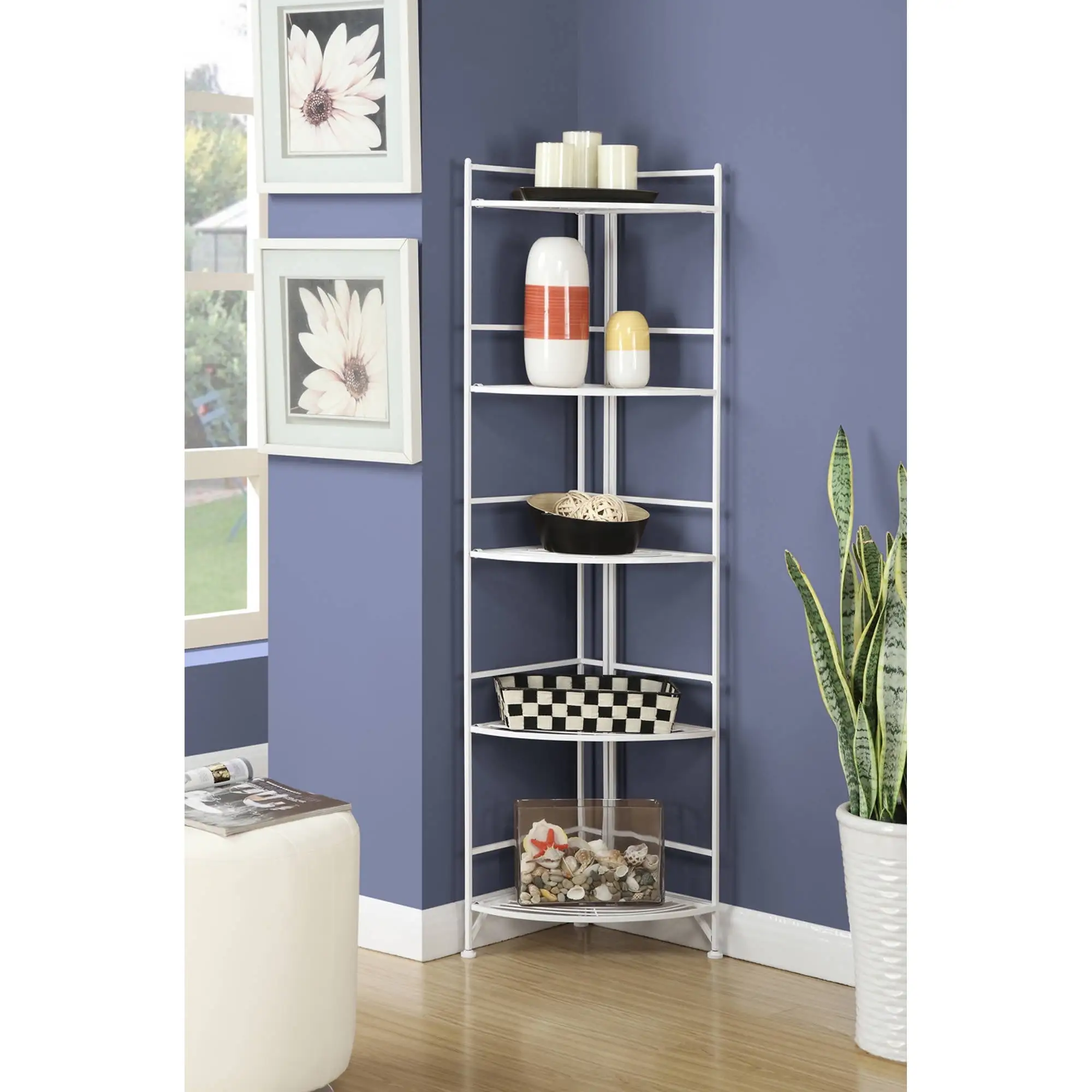 Convenience Concepts Xtra Storage 5 Tier Folding Metal Corner Shelf. White