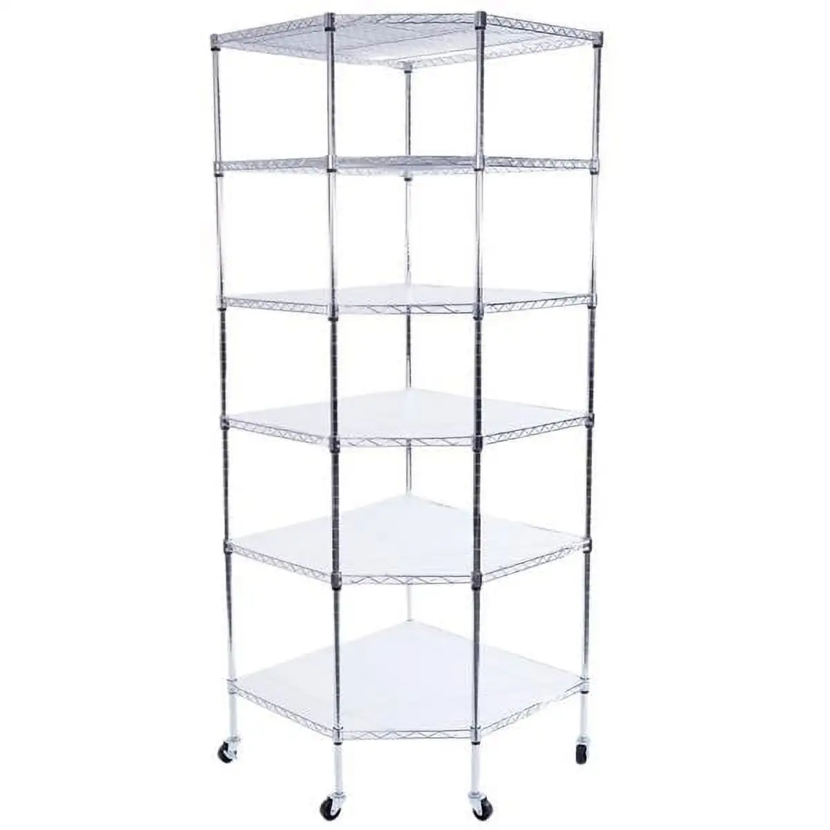 Corner Shelving Unit. 6-Layer Chrome Plated Polygonal Corner Shelf with 2 PP Wheels 680*680*1800MM Silver