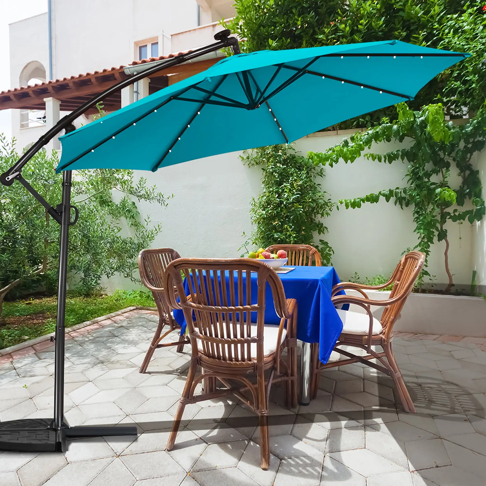 Costway 10FT Outdoor Offset Umbrella Solar Powered LED 360Degree Rotation Aluminum Turquoise