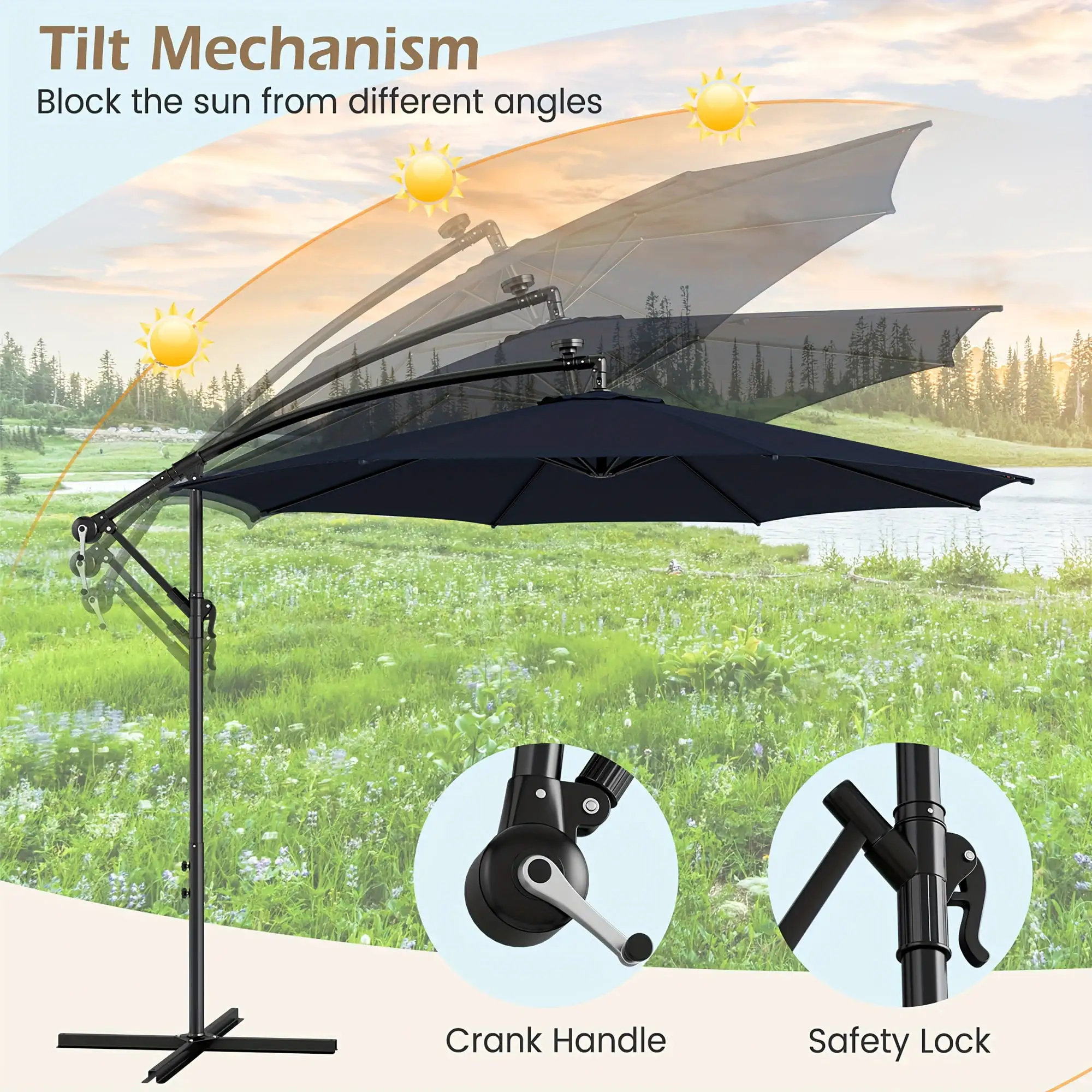 Costway 10FT Patio Solar-Lighting 112 LED Cantilever Offset Umbrella Crank Tilt Outdoor Navy