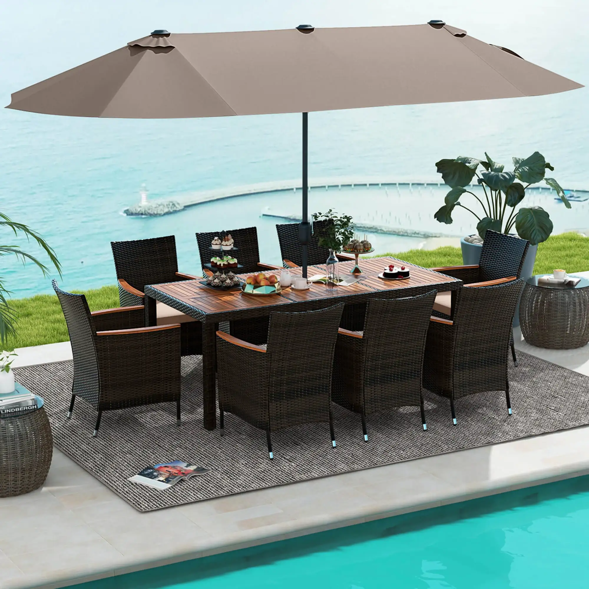 Costway 11 PCS Patio Dining Set with 15ft Double-Sided Patio Umbrella (Base Included) Coffee