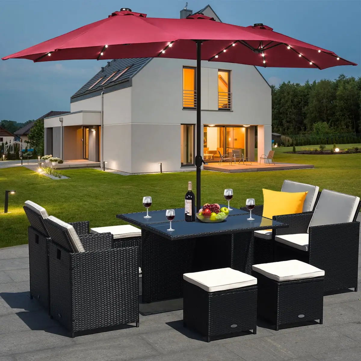 Costway 15Ft Patio Double-Sided Solar LED Market Umbrella Crank Base Burgundy