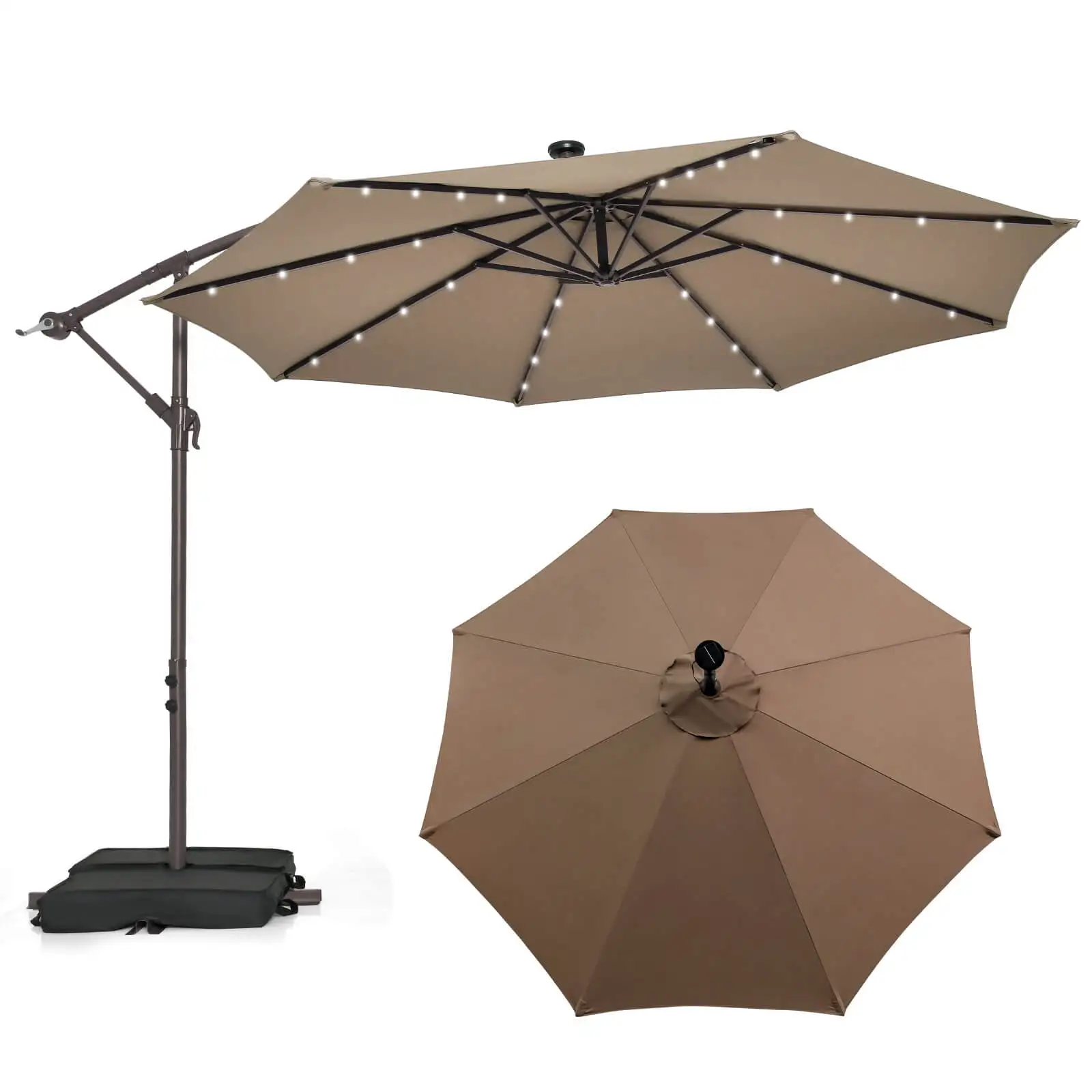 Costway Patio 10FT Hanging Offset Umbrella 32 LED Lights Sand Bag Outdoor Cross Base