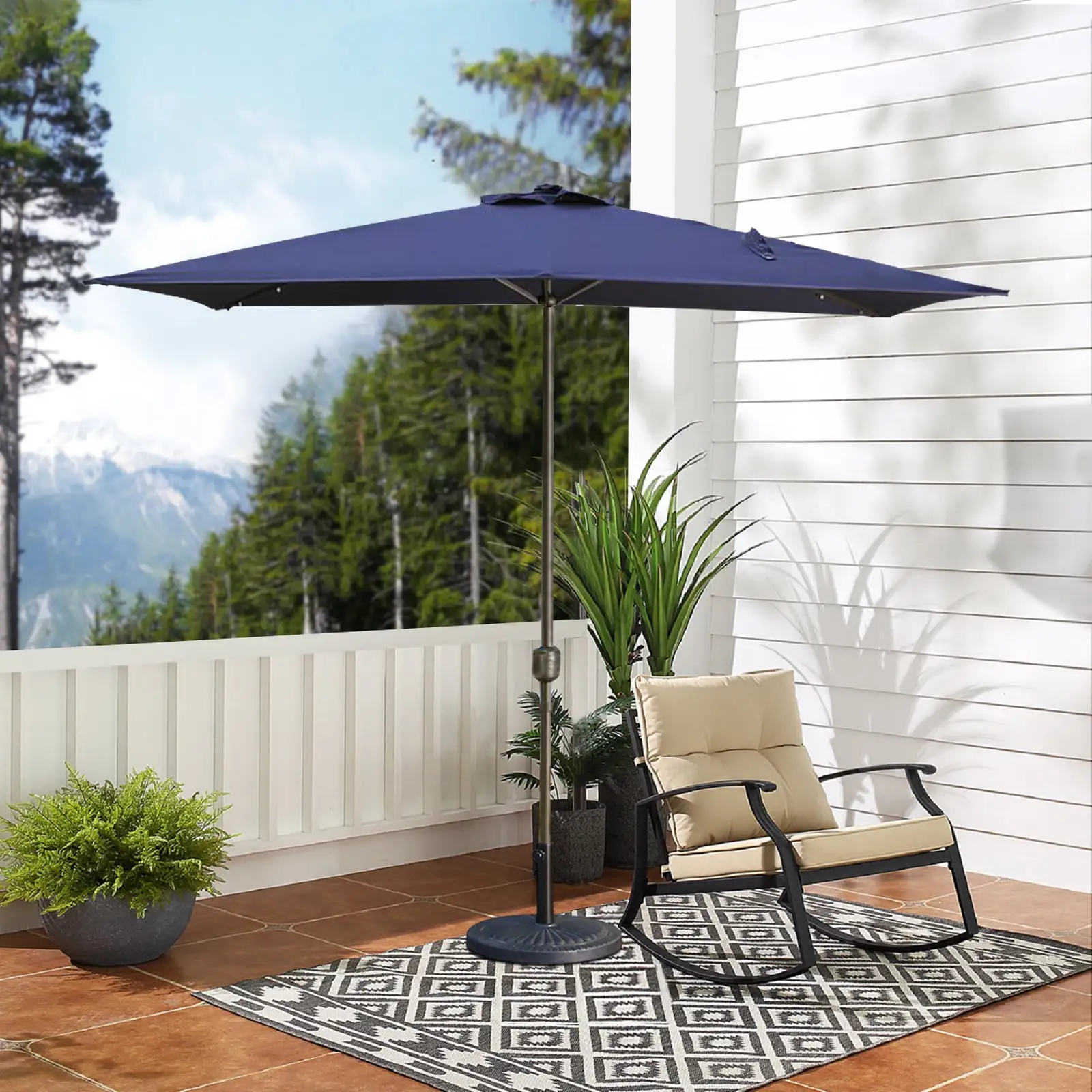 CozyHom 10*6.5ft Outdoor Patio Beach Umbrella With Solar LED Lightes. Tilt Adjustable Rectangle Sun Shade Umbrella Resistant Fabric. Dark Blue