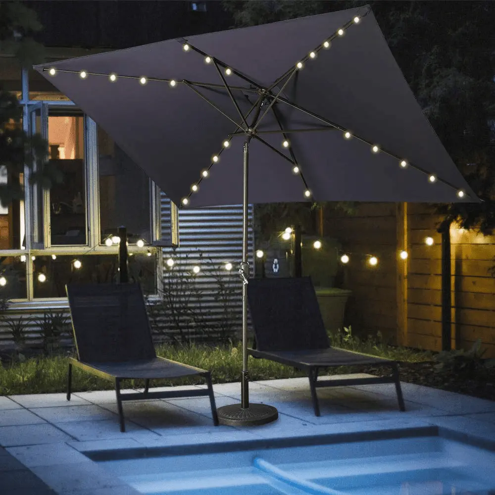 CozyHom 10 X 6.5ft Outdoor Patio Umbrella With Solar Lights. Rectangle LED Solar Powered Umbrella Tilt Adjustable Resistant Fabric Sun Umbrella For Pool|Garden. Dark Blue