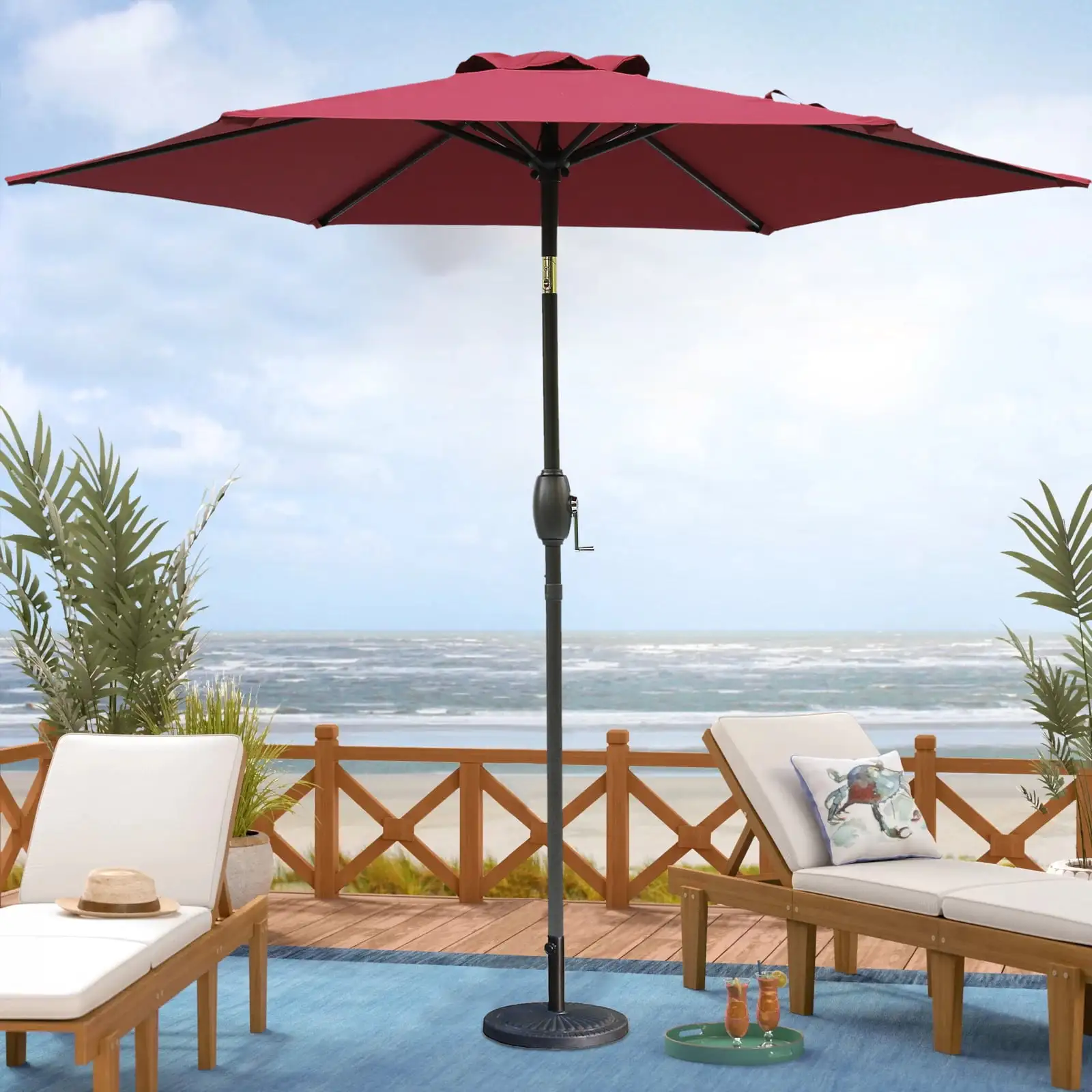 Cozyhom 7.5 Ft Outdoor Patio Umbrella With Tilt And Crank Waterproof Market Umbrella 6 Ribs For Deck Lawn Pool& Backyard. Burgundy