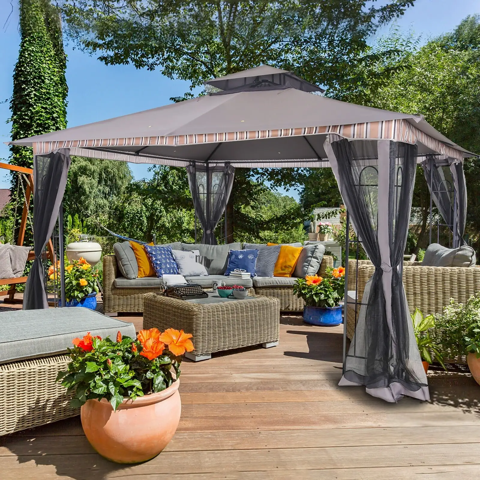 Cozywor 12 ft. x 10 ft. Outdoor Steel Patio Gazebo with Netting Grey