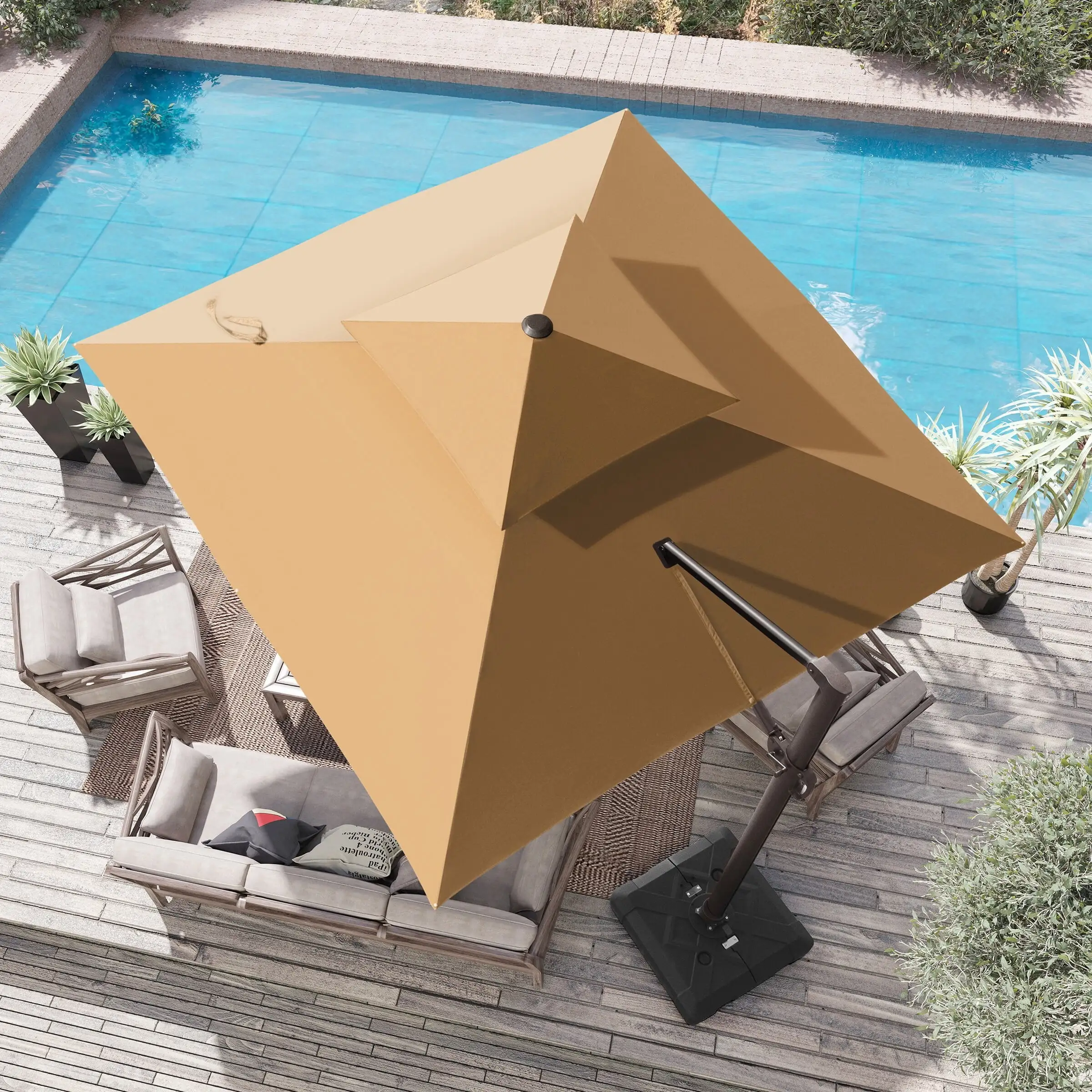 Crestlive Products Outdoor Double Top Square 10 FT Offset Cantilever Hanging Patio Umbrella Tan