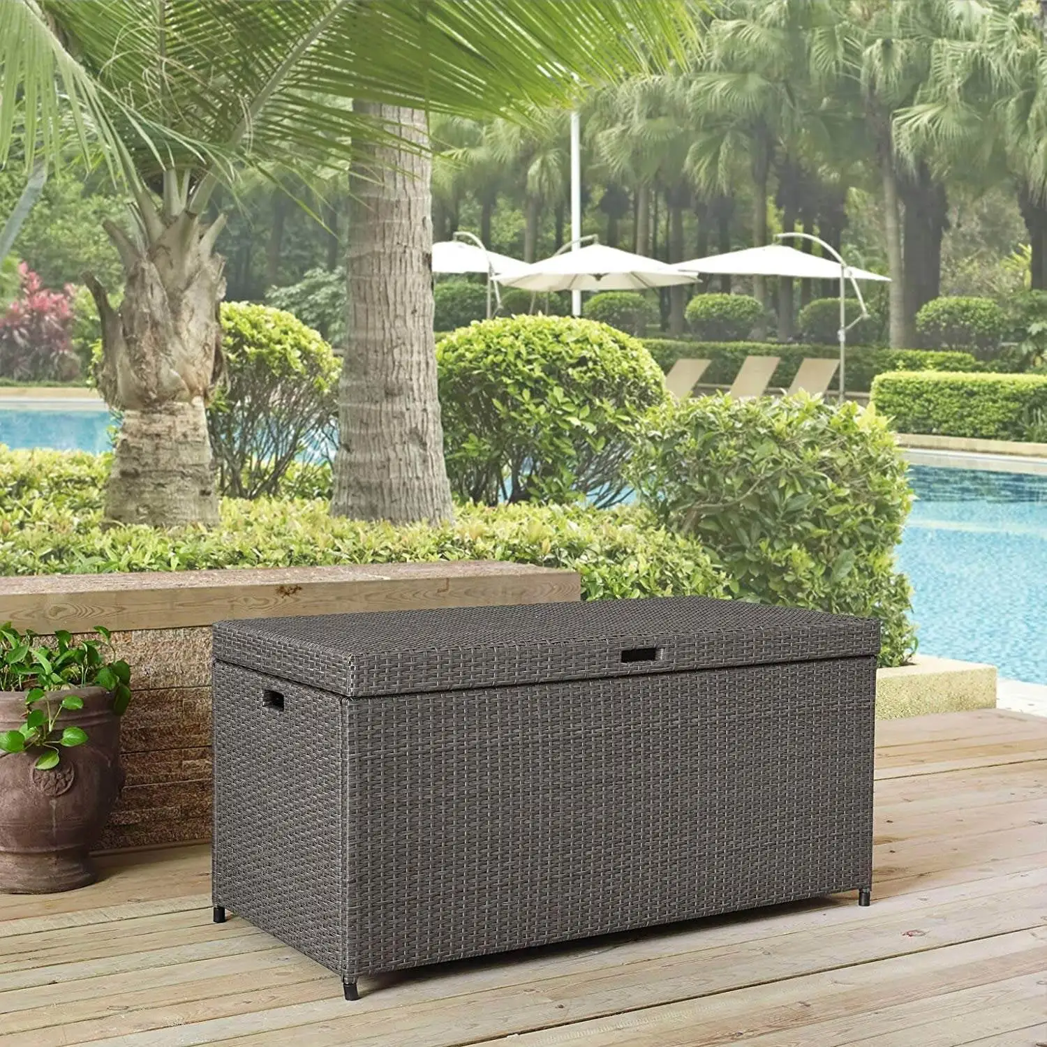 Crosley Furniture Palm Harbor Wicker / Rattan Patio Deck Box in Weathered Gray