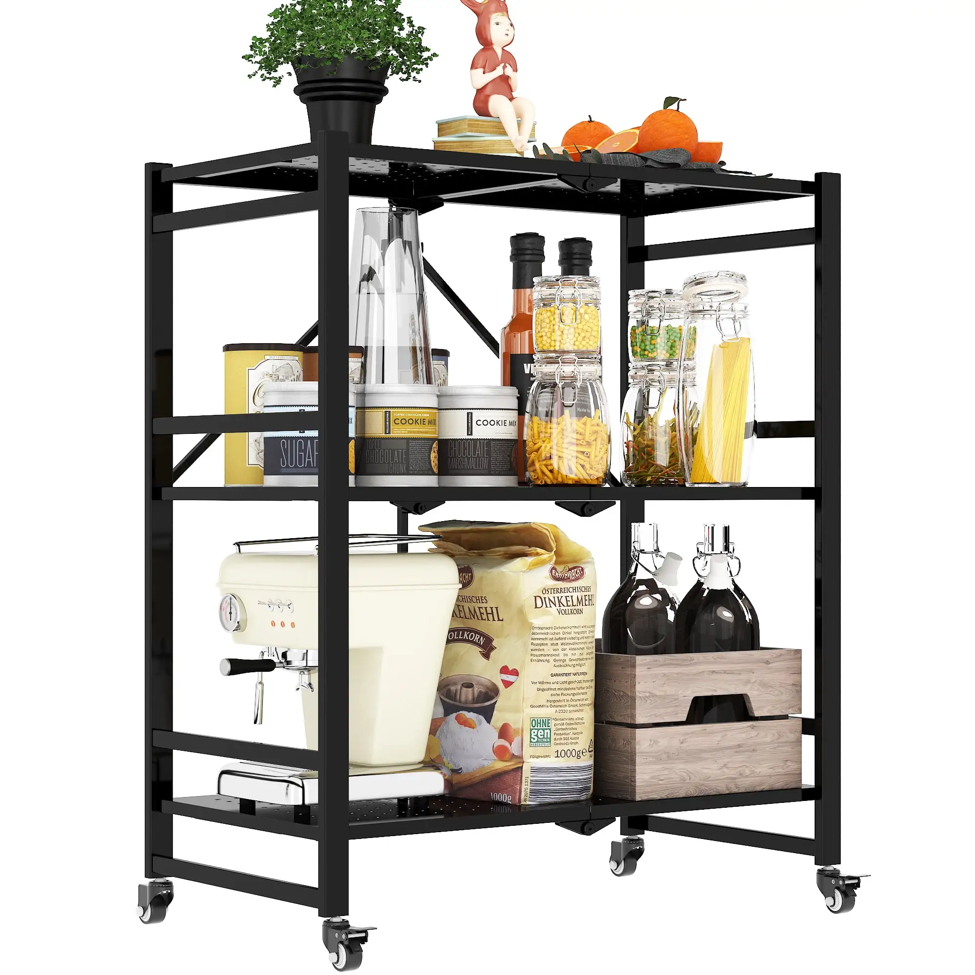 Cubespace 3-Tier Foldable Storage Shelves with Wheels. Metal Folding Organizer Rack. Collapsible Shelves Heavy Duty Shelving Units