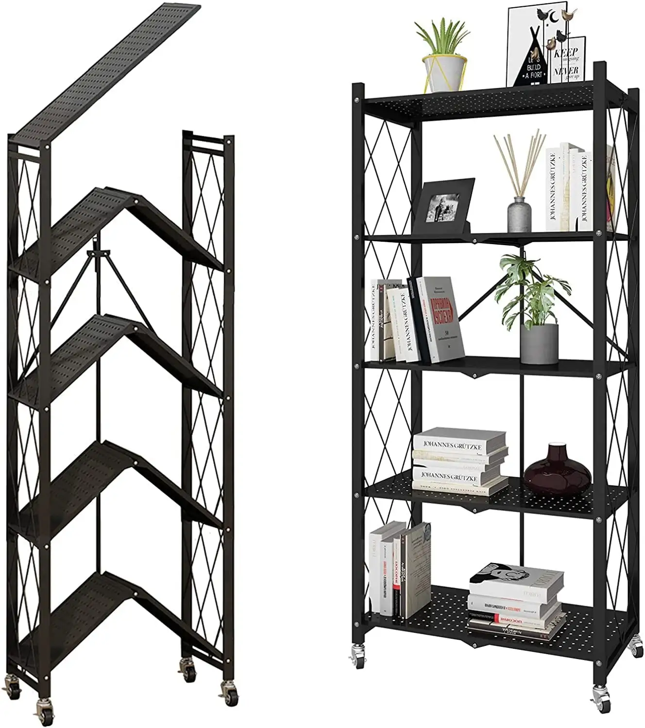 DALEI Foldable Metal Heavy Duty Storage Shelves with Wheels. No Assembly Folding Shelving Unit. Movable Storage Rack Great for Garage Kitchen Pantry Home Office. 5- Tier Black