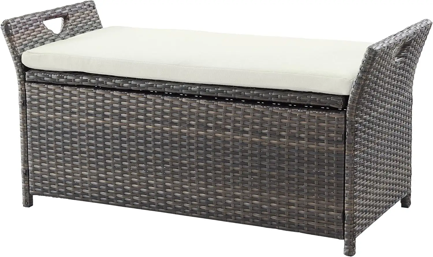 DALEI Patio Storage Bench.Outdoor Wicker Deck Box.PE Rattan Patio Furniture with All-Weather Cushion.Beige