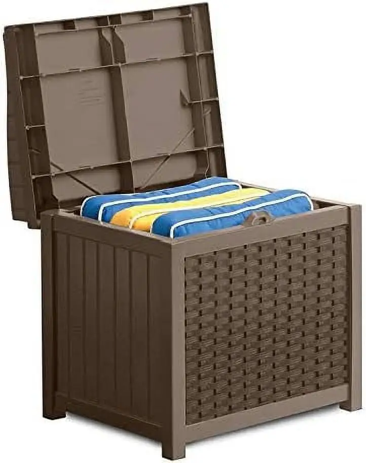 DIKTESSA 22-Gallon Small Deck Box - Lightweight Resin Indoor/Outdoor Container and Seat for Patio Cushions Gardening Tools and Toys - Store Items on Patio Garage Yard - Mocha Wicker